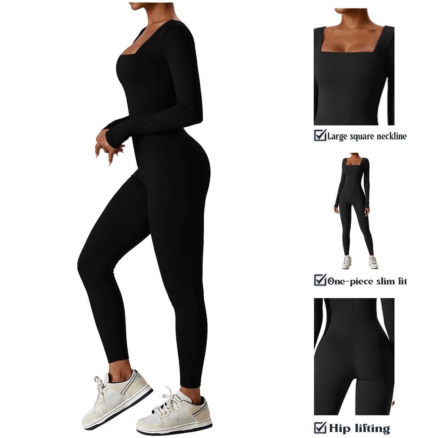 Hanaoops Vrouwen Yoga Jumpsuits Sexy Lange Mouw Vierkante Hals Stretchy Sportkleding Skinny Een Stuk Yoga Workout Dagelijks Dragen