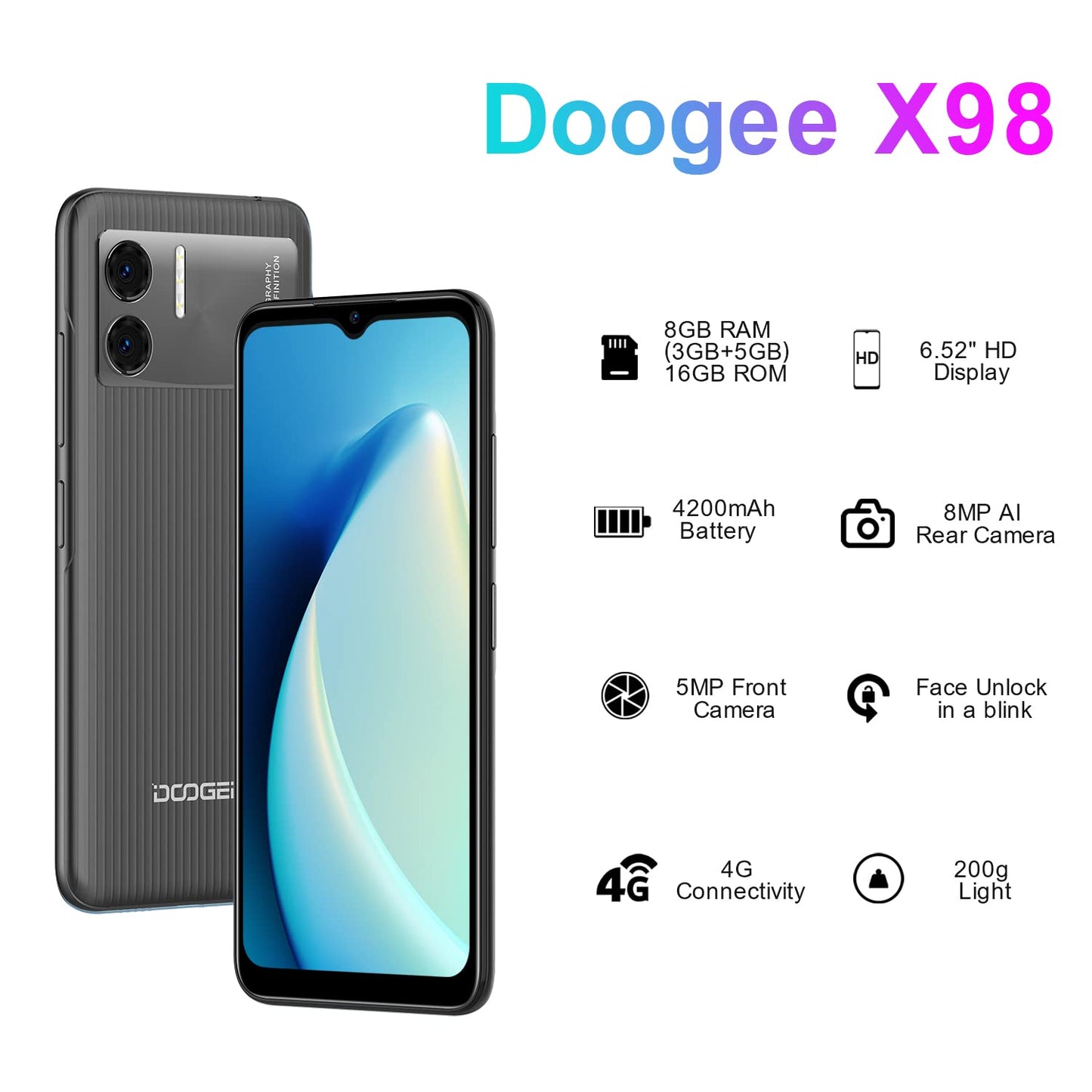 DOOGEE X98 Mobiele telefoon, Android 12, display 6,52 inch HD+, 4200 mAh batterij, 8 MP + 5 MP camera smartphone ontgrendeld 4G, 3 GB + 16 GB (SD 1 TB) Helio A22, Face ID/Dual SIM/OTG/WiFi/GPS/Blauw