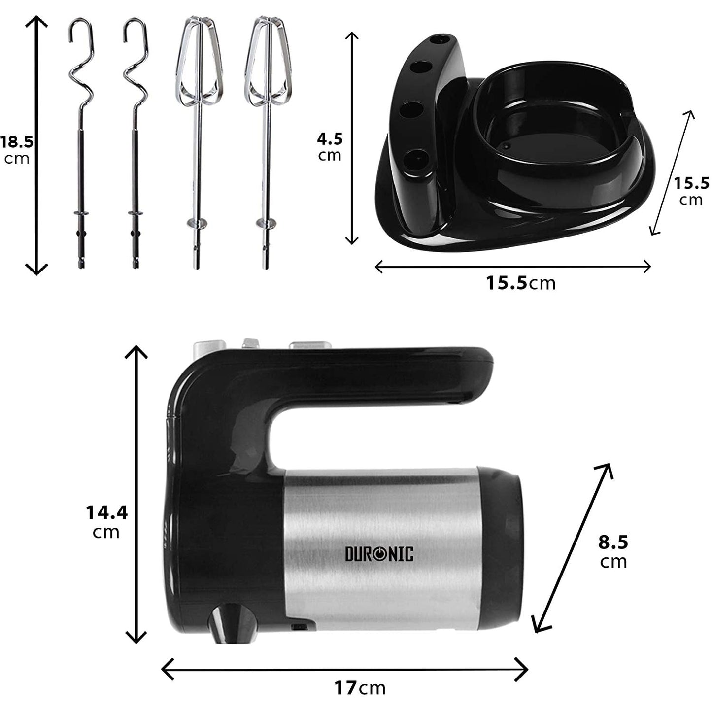 Duronic HM3 Handmixer | 300 W | 5 Snelheden | Incl. 2 Kloppers, 2 Deeghaken & Opbergstandaard | Turbo Functie | Bak Heerlijke Cake, Koekjes & Brood | Mix Ingrediënten, Slagroom, Koude Sauzen, Dressing