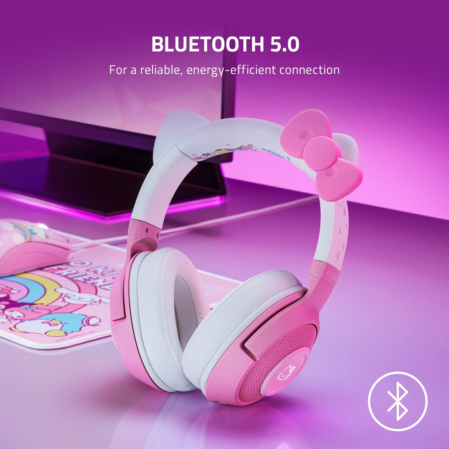 Razer Kraken BT Kitty Edition - Bluetooth draadloze gamingheadset (de draadloze Cat-Ear-headsets, Chroma RGB-verlichting, interne beamforming-microfoon, 40mm driver) Hello Kitty Ed