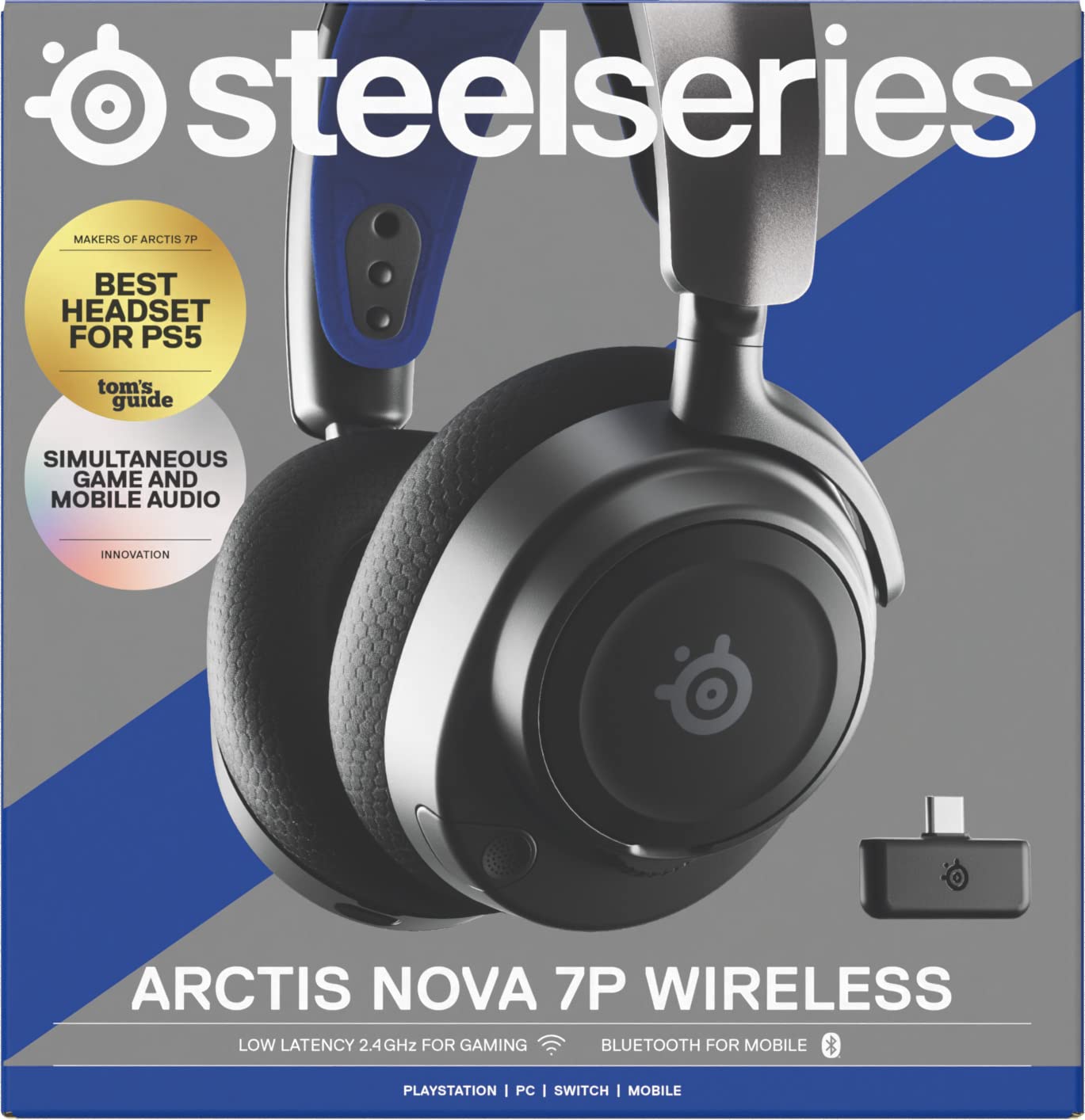 SteelSeries Arctis Nova 7P - Draadloze multi-systeem gaming & mobiele headset - Nova Acoustic Systeem - 2,4 GHz en gelijktijdige Bluetooth - 38 uur batterij - USB-C - Playstation, PC, Switch