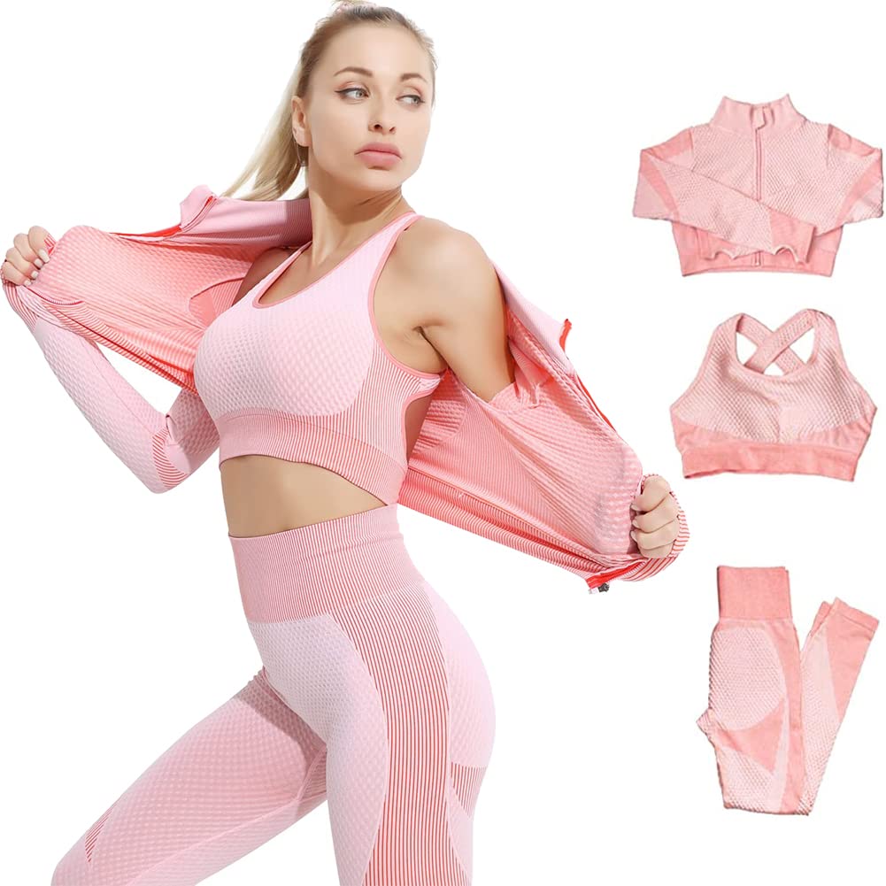 Veriliss Workoutpak voor dames, 3-delig, naadloze outfit, workoutset, gymkleding, yoga-sportkleding, legging en stretch sport-beha, gym-jumpsuit, kledingset, roze, L