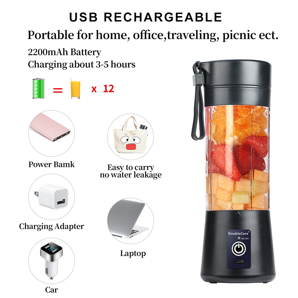 DoubleCare Draagbare blenderbeker, elektrische USB-sapcentrifuge, mini-blender draagbare blender voor shakes en smoothies, sap, 380 ml, zes messen geweldig om te mengen, zwart