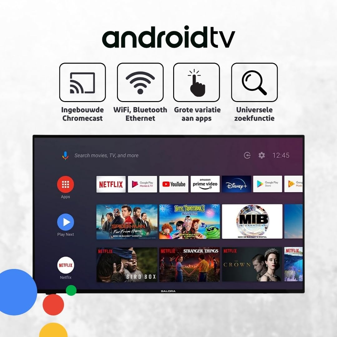 Salora SMART32TV - 32 Inch HD Smart Android TV met Ingebouwde Chromecast, Dolby Atmos, WiFi, Netflix, LED, Smart TV met Internet TV, Android TV, Prime Video, Apple TV, Disney+, Televisie, Zwart