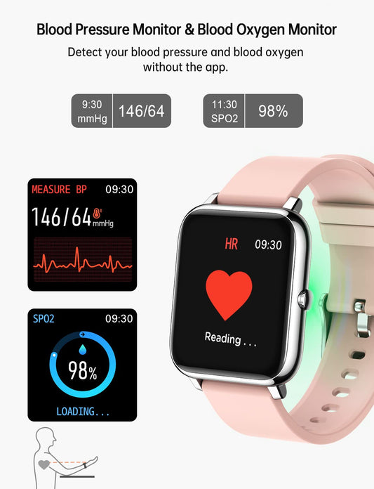 Popglory Smartwatch, fitnesstracker met bloeddrukmeting, fitnesshorloge met hartslagmeter, slaapmonitor, IP67-waterdicht, sporthorloge, stappenteller voor Android en iOS smartwatch, voor dames en heren