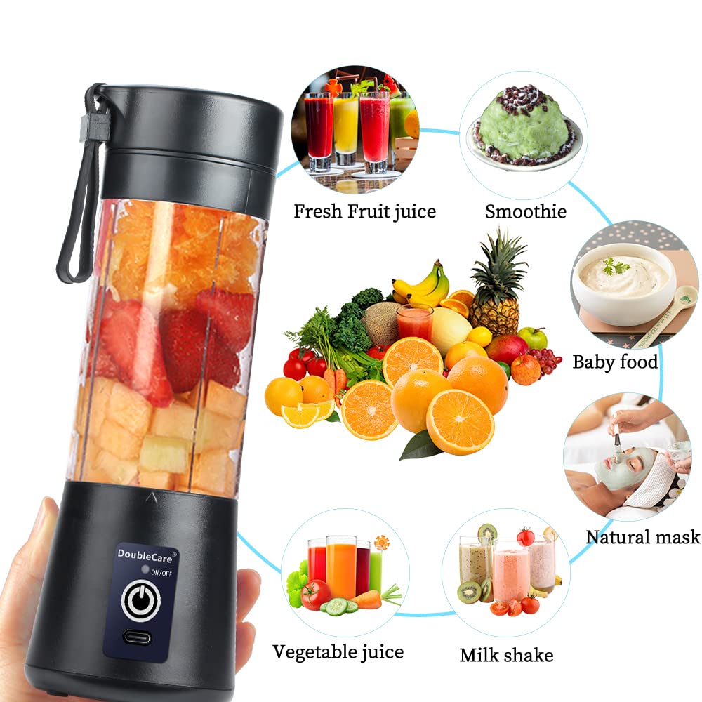 DoubleCare Draagbare blenderbeker, elektrische USB-sapcentrifuge, mini-blender draagbare blender voor shakes en smoothies, sap, 380 ml, zes messen geweldig om te mengen, zwart