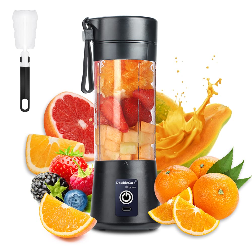 DoubleCare Draagbare blenderbeker, elektrische USB-sapcentrifuge, mini-blender draagbare blender voor shakes en smoothies, sap, 380 ml, zes messen geweldig om te mengen, zwart