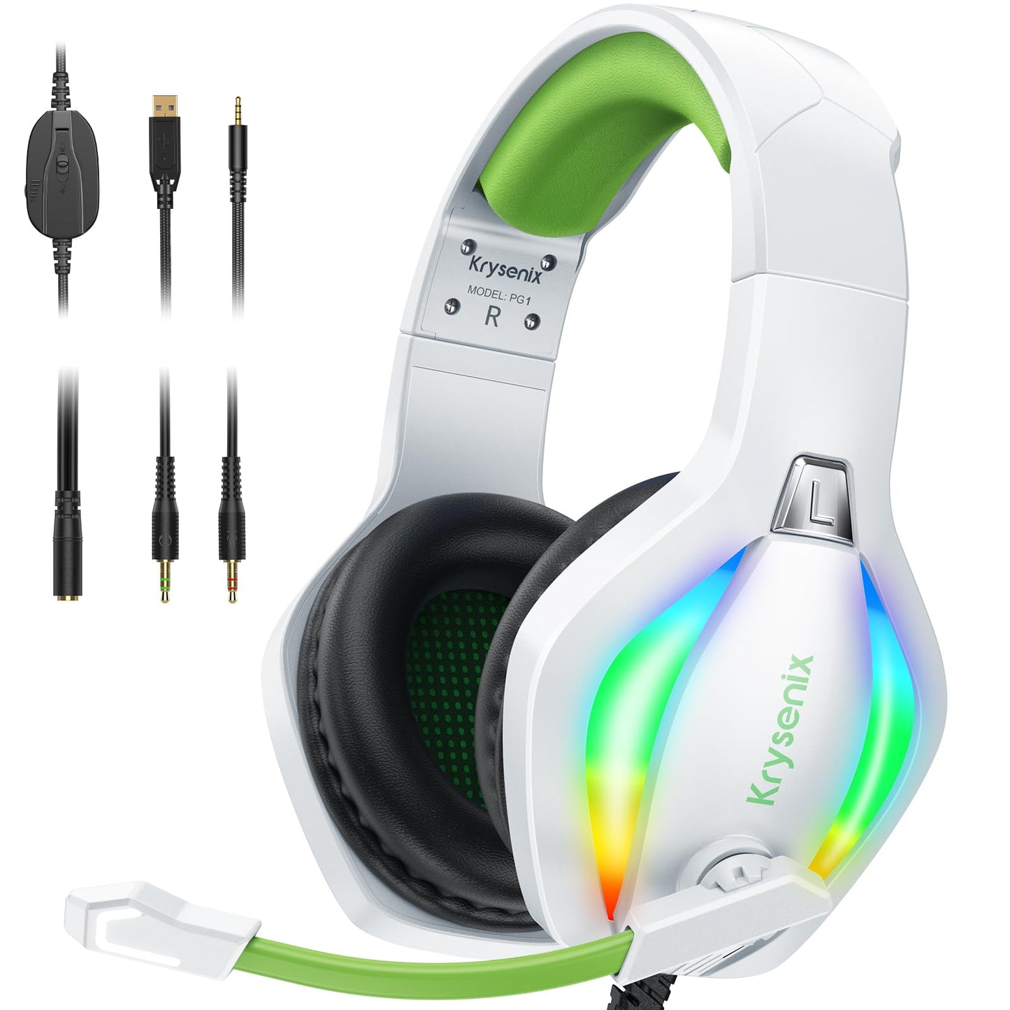 Krysenix RGB Gaming Headset voor PS4/PC/Xbox/Nintendo Switch, PS5 Headset met microfoon, gaming hoofdtelefoon met microfoon, ruisonderdrukkende hoofdtelefoon met 3,5 mm jack wit/groen