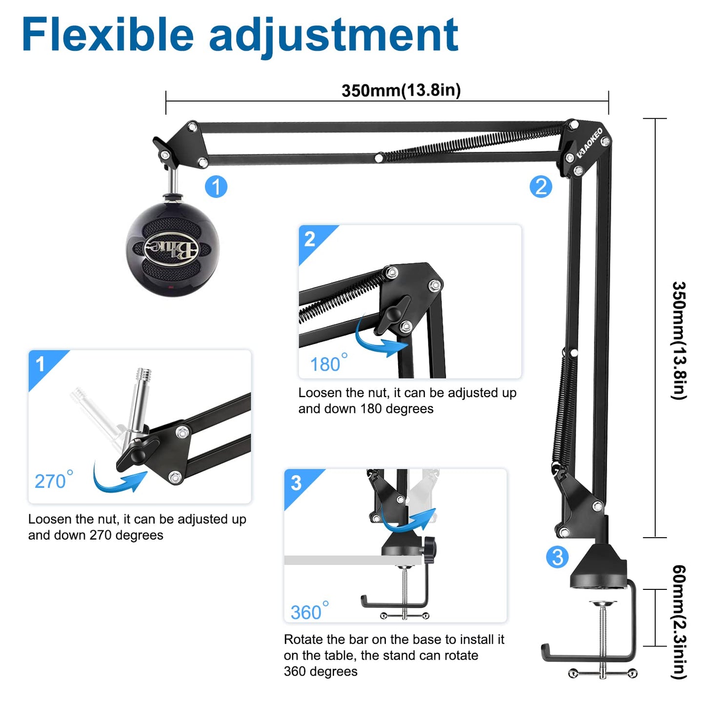 HyperX QuadCast Boom Arm Stand,Aokeo AK-35 Verstelbare Compacte Microfoon Suspension Boom Schaar Arm Stand Voor Blue Yeti Snowball iCE En de Meeste Microfoons