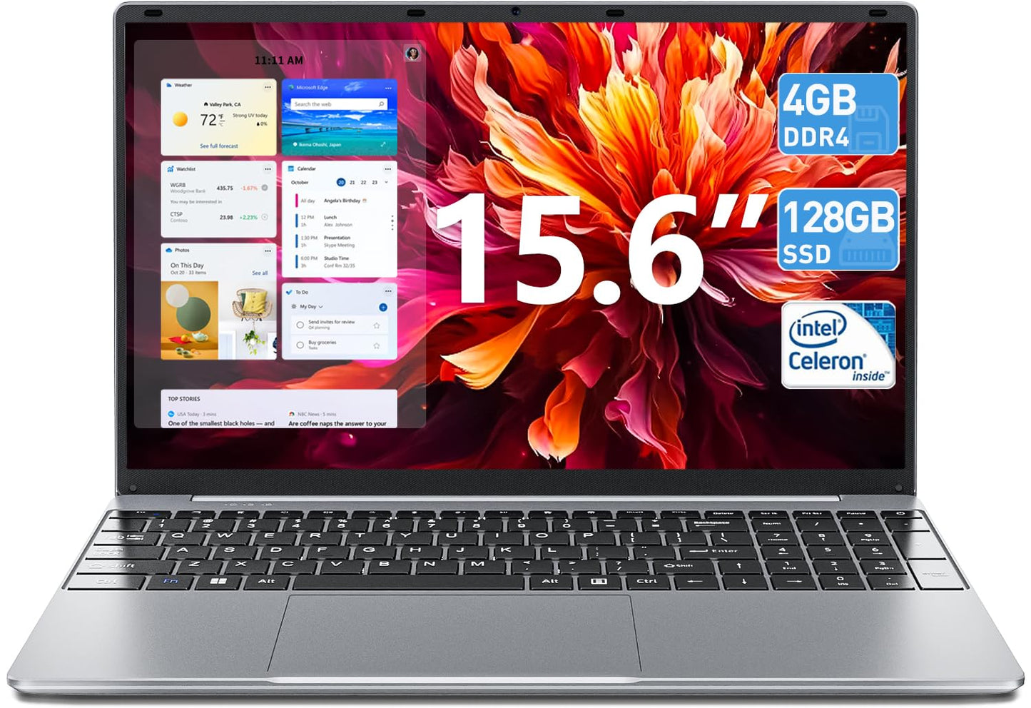 SGIN 15,6 inch laptop, 4 GB RAM, 128 GB SSD, Windows 11 Notebook, Celeron N4000, Up to 2,8 GHz, 2,4/5,0 G WLAN, Bluetooth 4.2, uitbreidbaar geheugen 512 GB TF