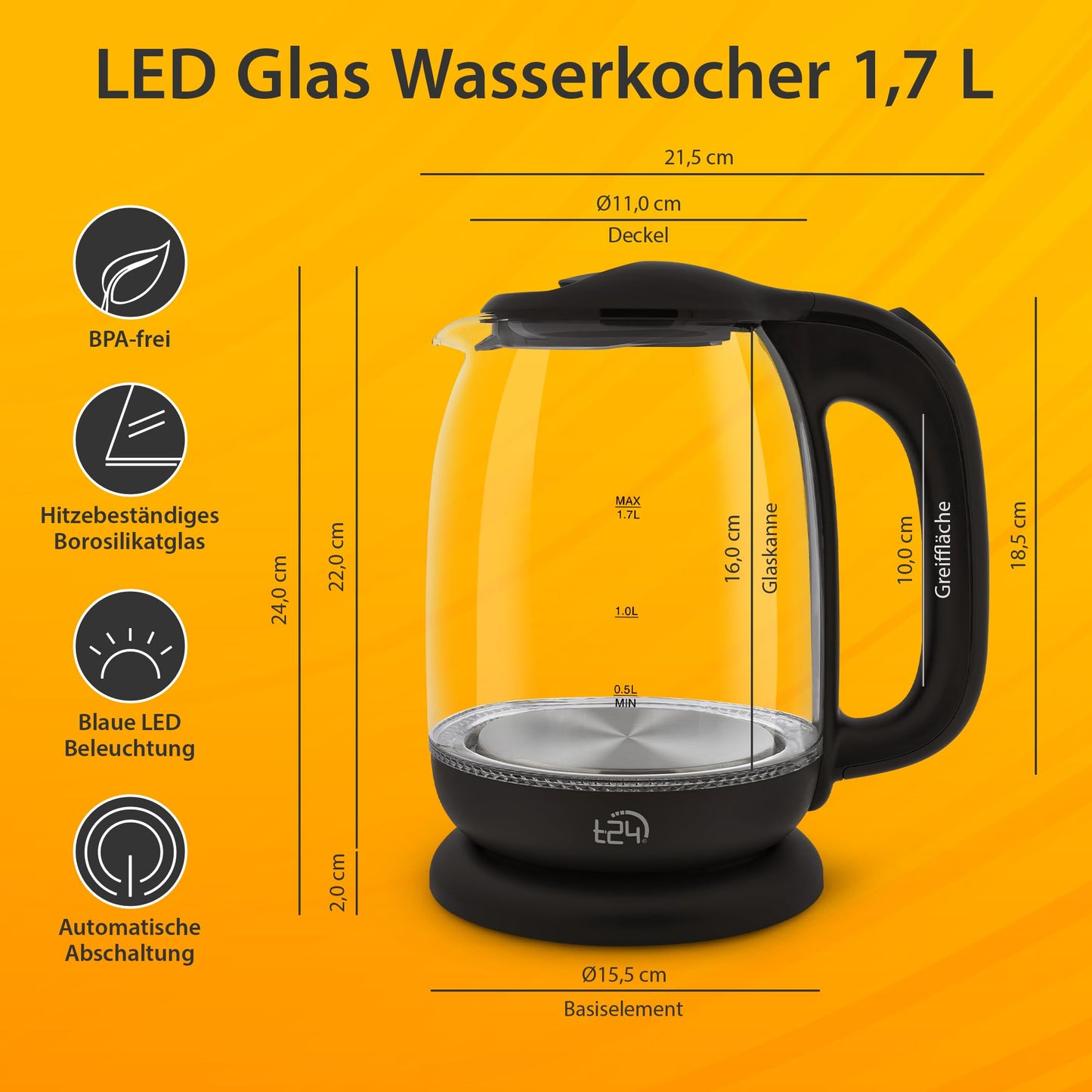 T24 Glazen led-waterkoker, 1,7 liter, met ledverlichting, waterkoker, zwart, ketel, warmwaterdispenser, elektrische ketting 2200 W, TÜV Rheinland GS-gecertificeerd