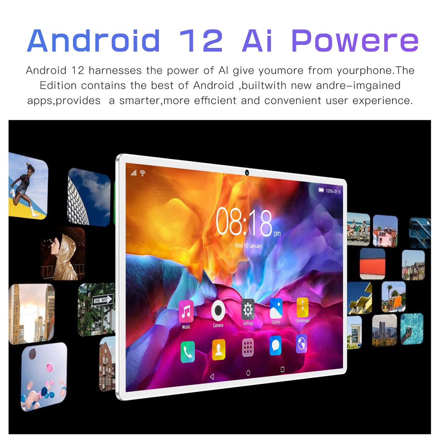 Tablet 10.1 Inch Android 12 Tablets, Ten-Core Processor, 6GB RAM 128GB ROM, 1080P IPS HD Touchscreen, Dual HD Camera's, Dual SIM Card Slot, WiFi, BT, 8800mAh, Zilver(EU)