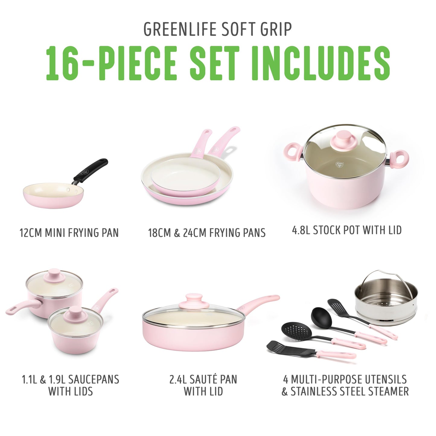 GreenLife Soft Grip Gezonde Keramische Antiaanbaklaag 16-delige Pannenset met Braadpan, Steelpan en Kookpan, PFAS-vrij, Vaatwasmachinebestendig, Ovenbestendig, Roze