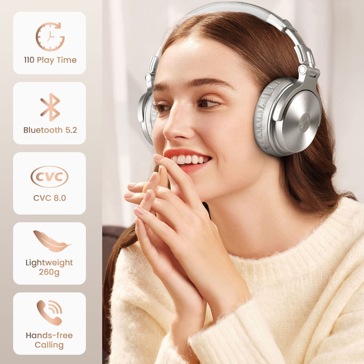 OneOdio Bluetooth over-ear hoofdtelefoon, tot 110 uur en BT 5.2, gesloten muziek, draadloze hoofdtelefoon met 50 mm driver, hifi stereo opvouwbare bas-headset met microfoon voor laptop/mobiele telefoon/pc