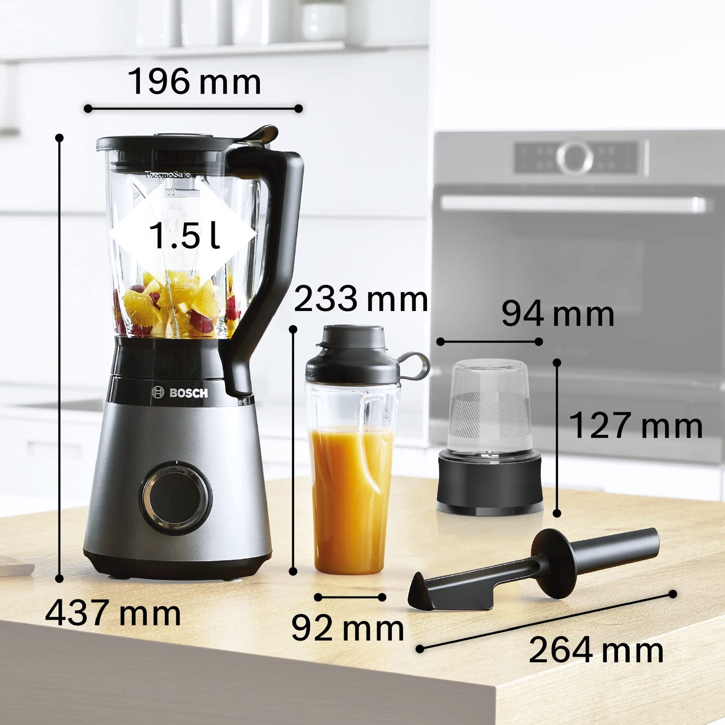 Bosch VitaPower Serie | 4 blender, MMB6177S, direct blenden in ToGo-fles, ProPerformance-systeem, 1200 Watt, ThermoSafe glazen blenderkan, 2 snelheden en pulse functie, zilver