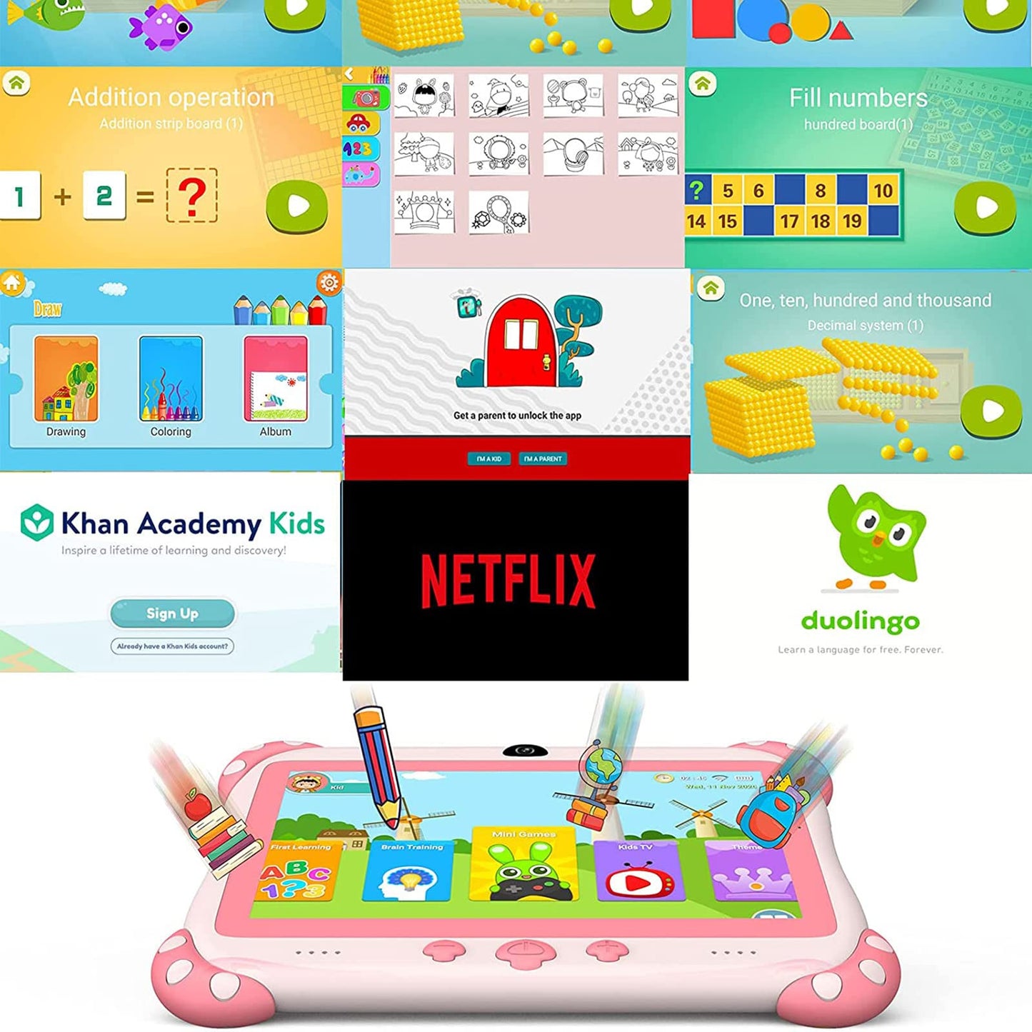 Ascrecem Kindertablet 7 inch Children Tablet for Kids,Android Kinder Tablet met WiFi Bluetooth Kinderbeveiliging, Vooraf GeïNstalleerde Kindersoftware, 32GB ROM Dubbele Camera, Leren Kinderen Tablet