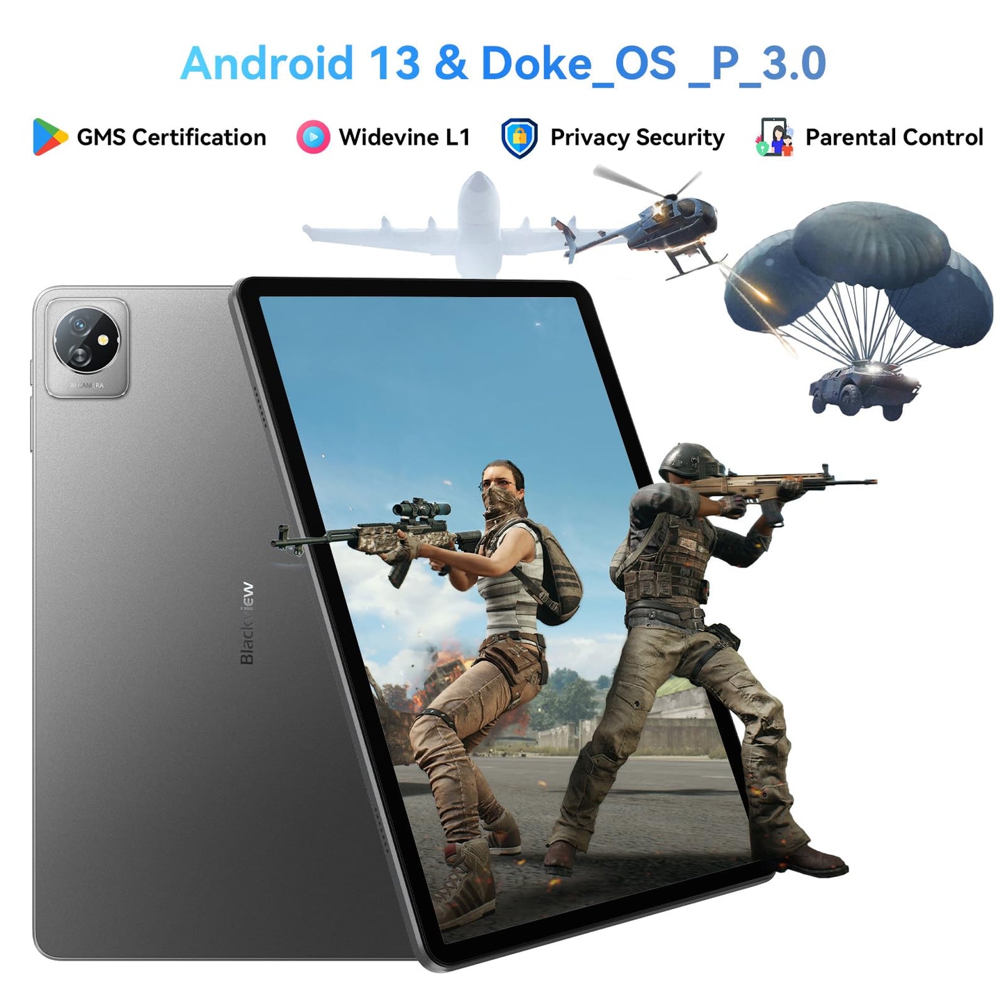 WiFi 6 Blackview Tablet Android 13, Tab 70 Tablet 10,1 inch 8 + 64 GB (2 TB TF), 6580mAh/Bluetooth 5.0/1280 x 800 HD+ IPS/Google GMS/Widevine L1/OTG/3 Camera's/Ouderlijk Toezicht/2 Jaar Garantie