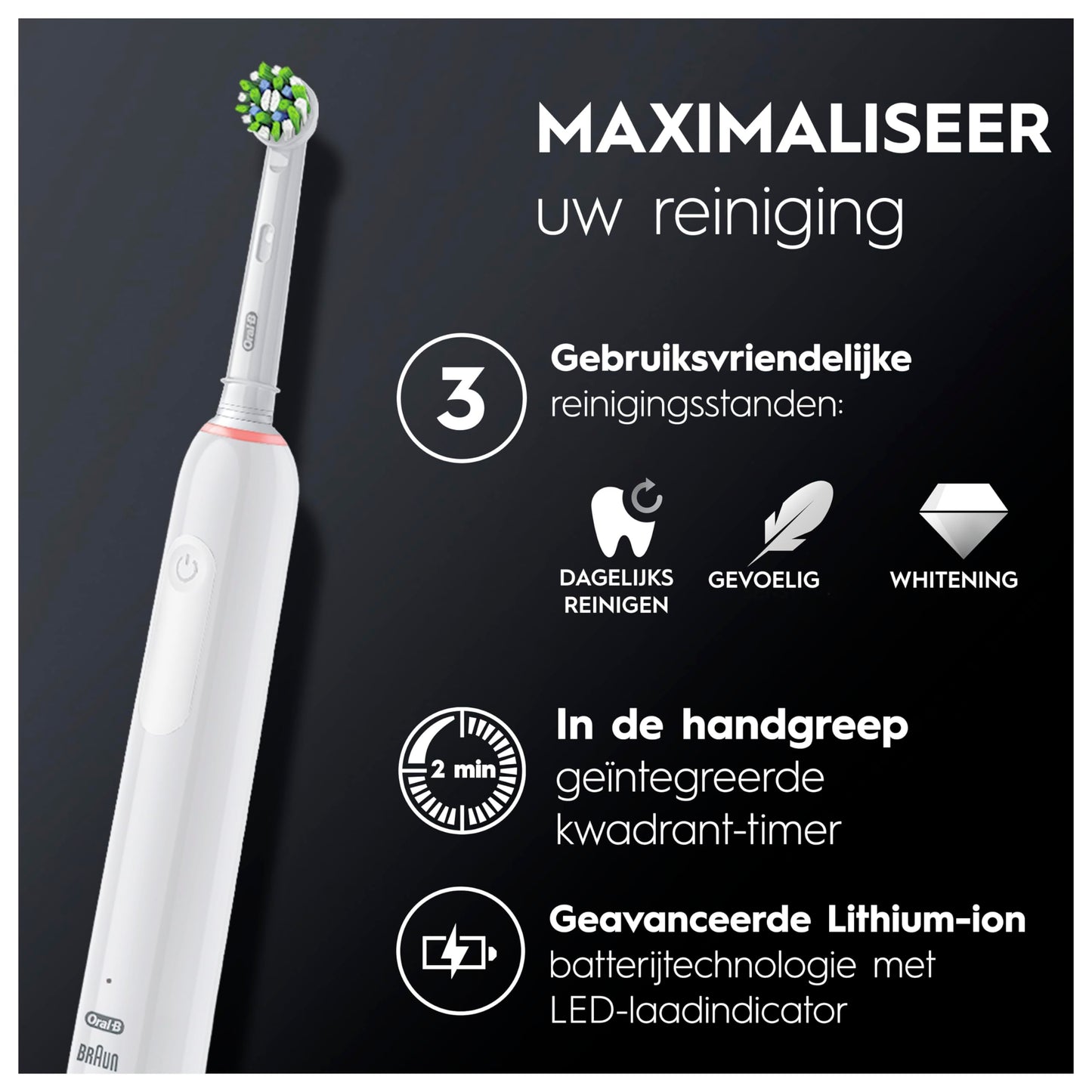 Oral-B Pro 3 3500 Wit Elektrische Tandenborstel, 1 Reisetui, 2 Opzetborstels,