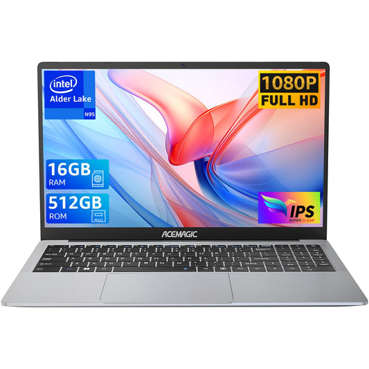 ACEMAGIC Laptop, metalen behuizing, 15,6 inch FHD 16 GB DDR4 512 GB SSD, Intel 12e generatie quad-core N95 (tot 3,40 GHz), lichte laptop met wifi, BT5.0, USB 3.2, type C, HDMI