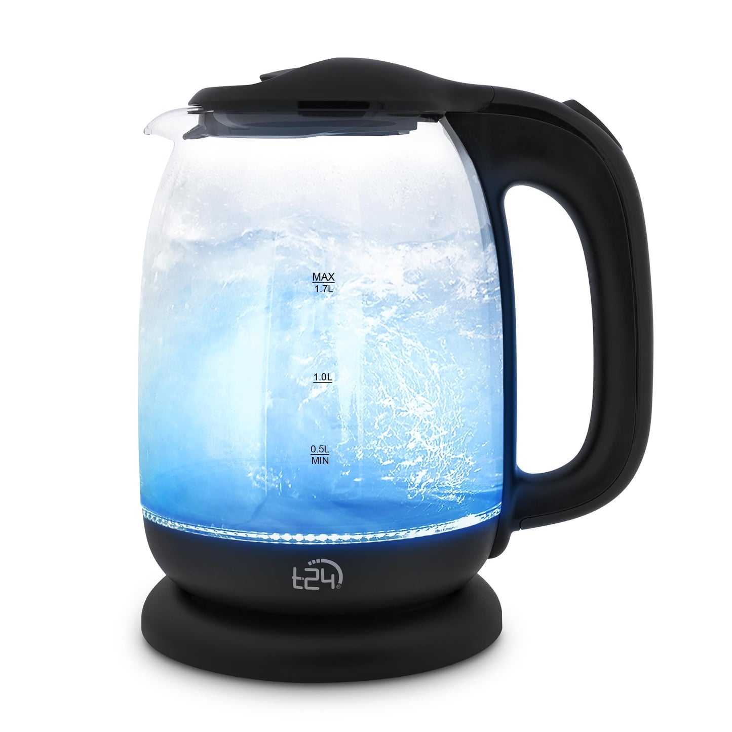 T24 Glazen led-waterkoker, 1,7 liter, met ledverlichting, waterkoker, zwart, ketel, warmwaterdispenser, elektrische ketting 2200 W, TÜV Rheinland GS-gecertificeerd