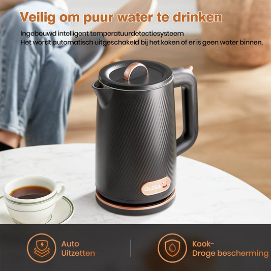 OLEGA Elektrische waterkoker voor kokend water, 1500 W snelkokend heet water, waterkoker, 1,8 liter, draagbare warmwaterkoker, elektrische theekoker, koffiepot