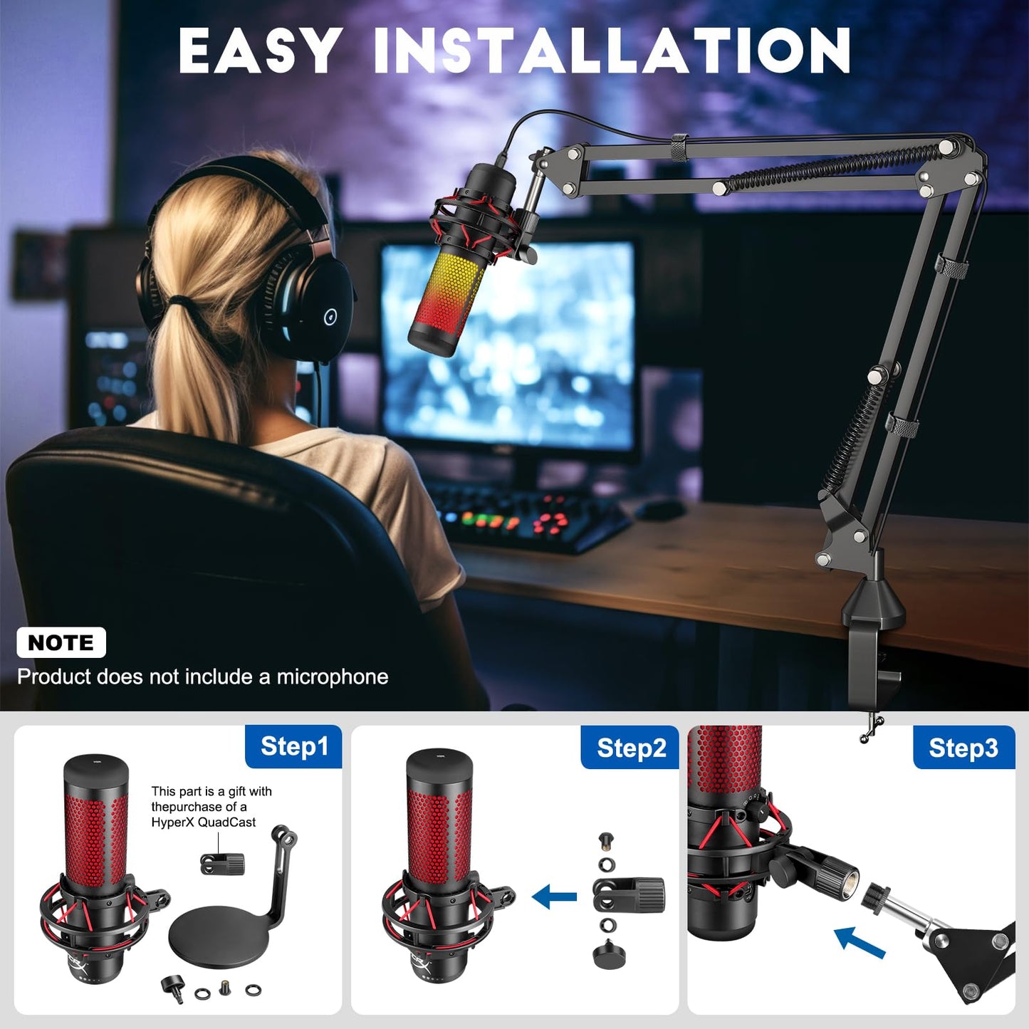 HyperX QuadCast Boom Arm Stand,Aokeo AK-35 Verstelbare Compacte Microfoon Suspension Boom Schaar Arm Stand Voor Blue Yeti Snowball iCE En de Meeste Microfoons