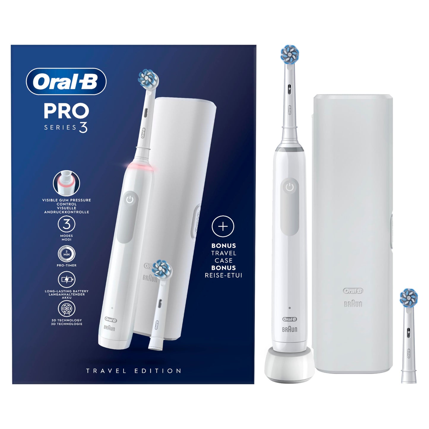 Oral-B Pro 3 3500 Wit Elektrische Tandenborstel, 1 Reisetui, 2 Opzetborstels,