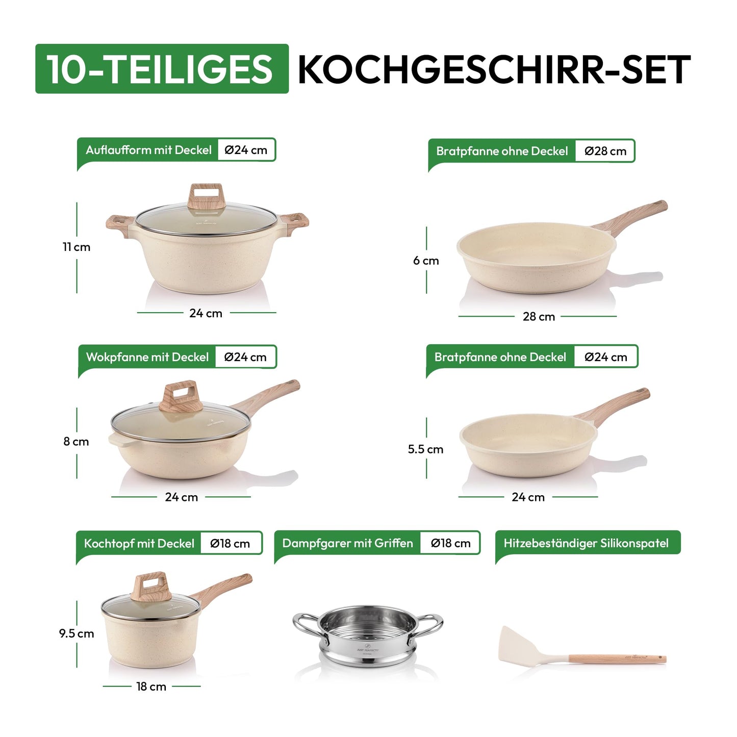 Just Perfecto Pannenset Inductie - Pannenset Met Deksel Voor Alle Waarmtebronnen - Non-Stick Pannen - Glazen Deksel - Anti-Aanbak Kookpannenset - Pannen Zonder PFOA - PFAS (Biege 14pcs small steamer)