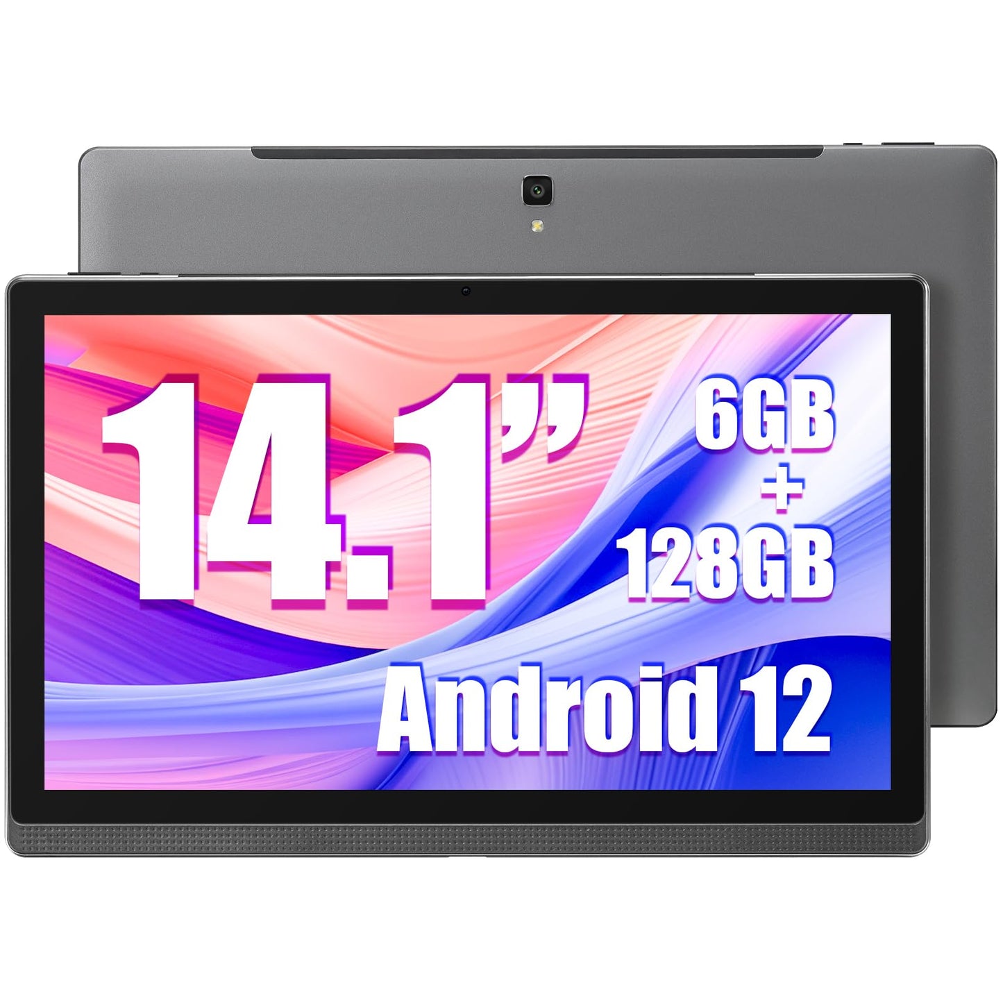 MESWAO Tablet 14,1 inch, Android 12 tablet met 1920 x 1080 IPS HD-display, 6 GB/128 GB, 2,4 G/5G WiFi, Bluetooth 4.1, GPS en 10.000 mAh batterij, ideaal voor productiviteit, entertainment en onderwijs (grijs)