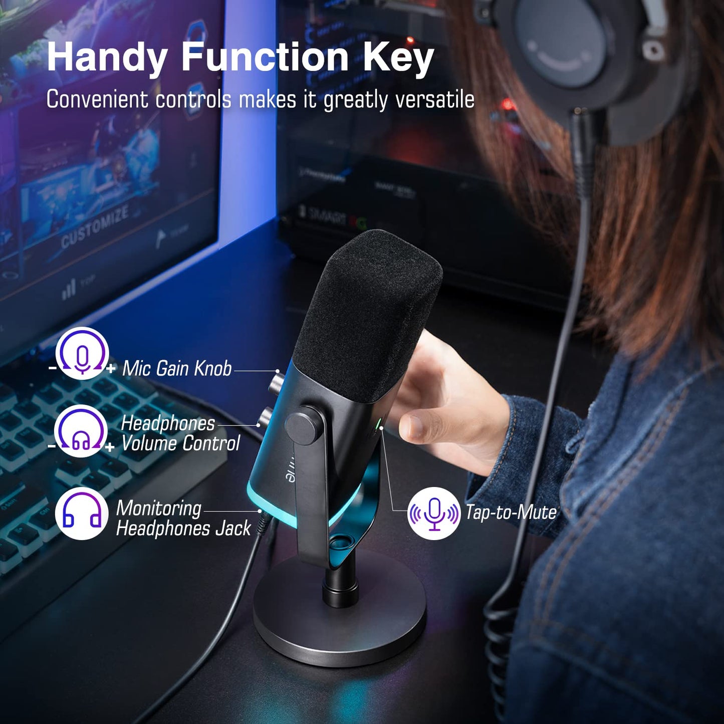 Fifine XLR Dynamische microfoon voor streaming, podcast, studio; USB microfoon gaming PC, met mute-knop, voor PS4/5 Mac, mixer, geluidskaarten