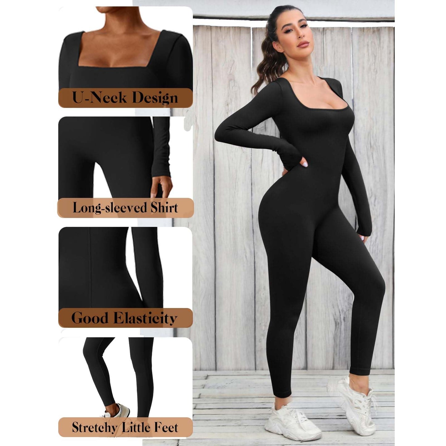 Hanaoops Vrouwen Yoga Jumpsuits Sexy Lange Mouw Vierkante Hals Stretchy Sportkleding Skinny Een Stuk Yoga Workout Dagelijks Dragen