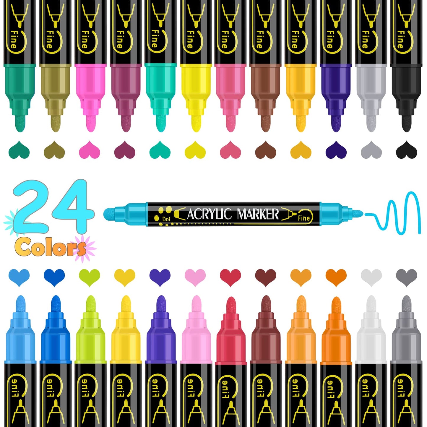 Betem 24 Kleuren Dual Tip Acryl Verf Pennen Markers, Premium Acryl Verf Pennen voor Hout, Canvas, Steen, Rock Painting, Glas, Keramische Oppervlakken, DIY Ambachten Maken Kunstbenodigdheden