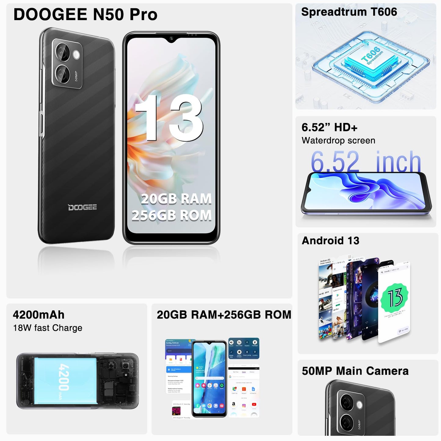 DOOGEE N50 Pro Mobiele telefoon, 20 GB RAM + 256 GB ROM/TF 1TB, 50 MP AI-camera, Android 13, 6,52 inch HD+, batterij 4200 mAh 18 W, Widevine L1 smartphone, 4G OTG/GPS/Face ID