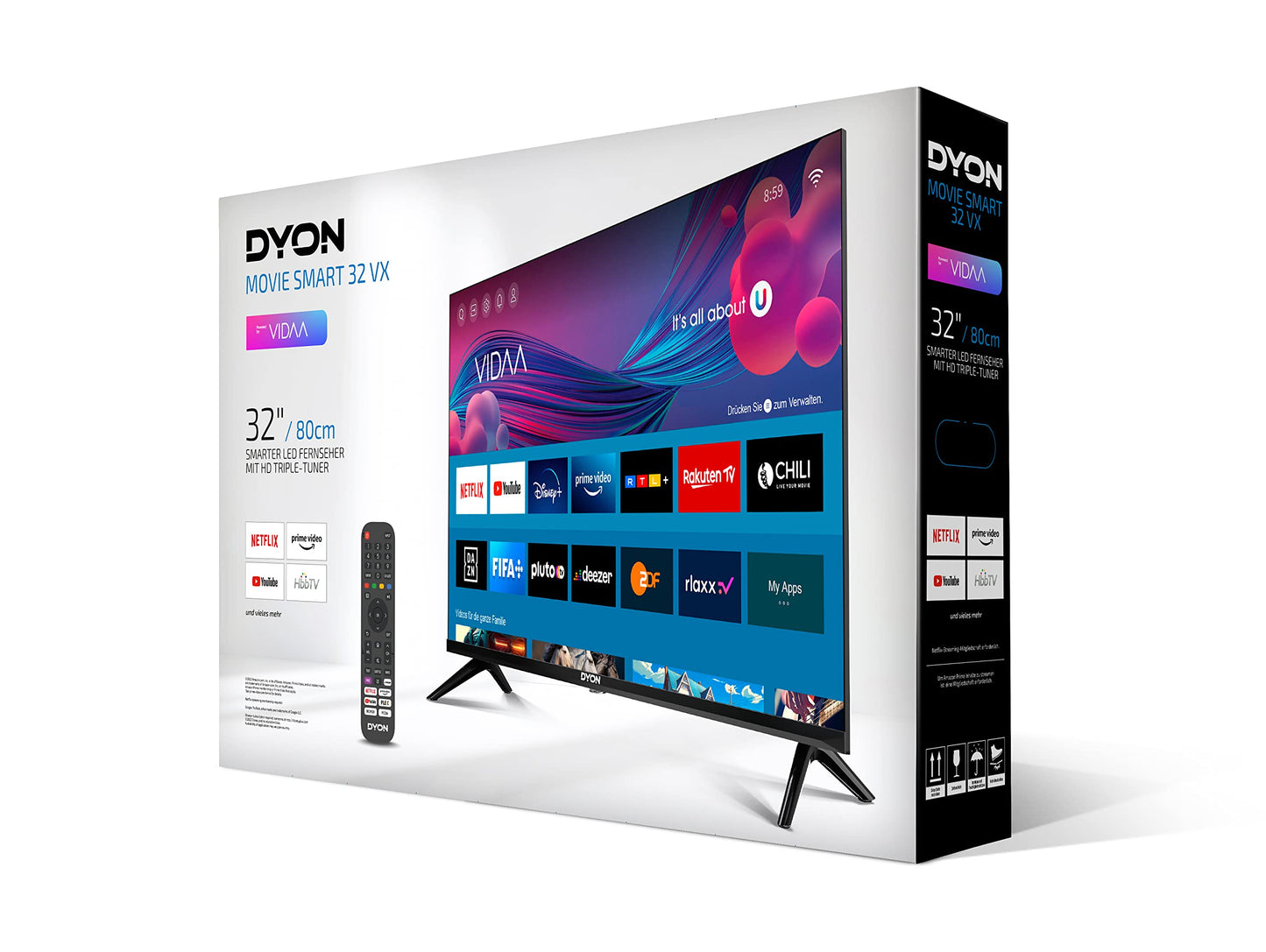 DYON Movie Smart 32 VX, 80 cm (32 inch) TV (HD Smart TV, HD Triple Tuner (DVB-C/-S2/-T2), App Store, Prime Video, Netflix, YouTube, DAZN, Disney+), model 2023