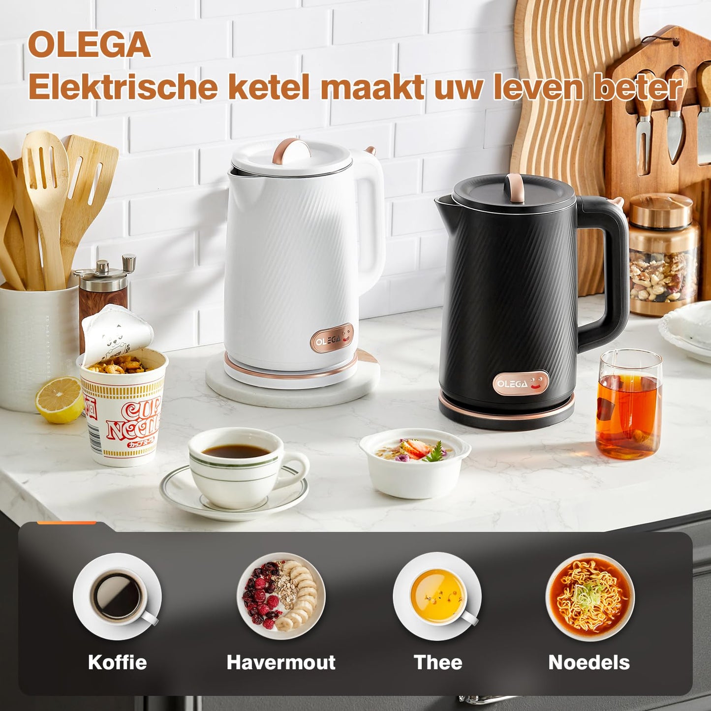 OLEGA Elektrische waterkoker voor kokend water, 1500 W snelkokend heet water, waterkoker, 1,8 liter, draagbare warmwaterkoker, elektrische theekoker, koffiepot