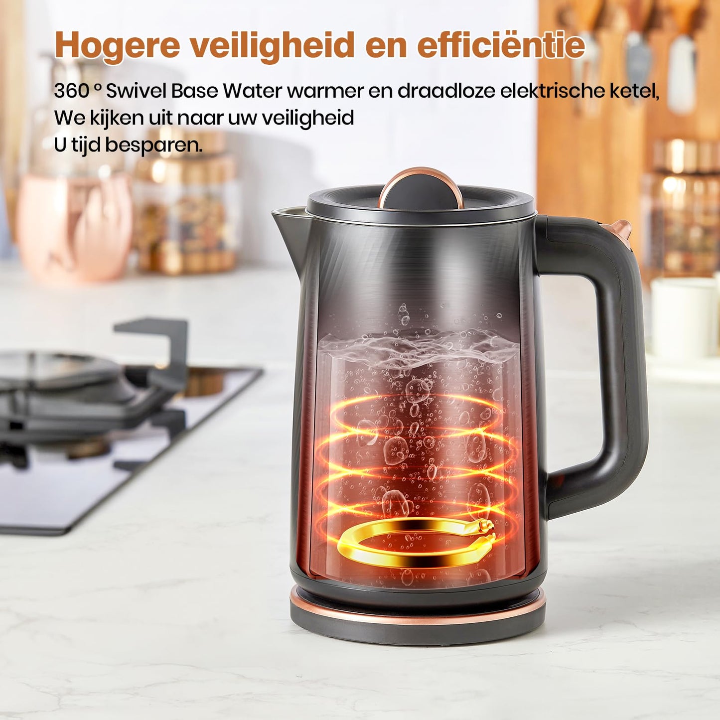 OLEGA Elektrische waterkoker voor kokend water, 1500 W snelkokend heet water, waterkoker, 1,8 liter, draagbare warmwaterkoker, elektrische theekoker, koffiepot