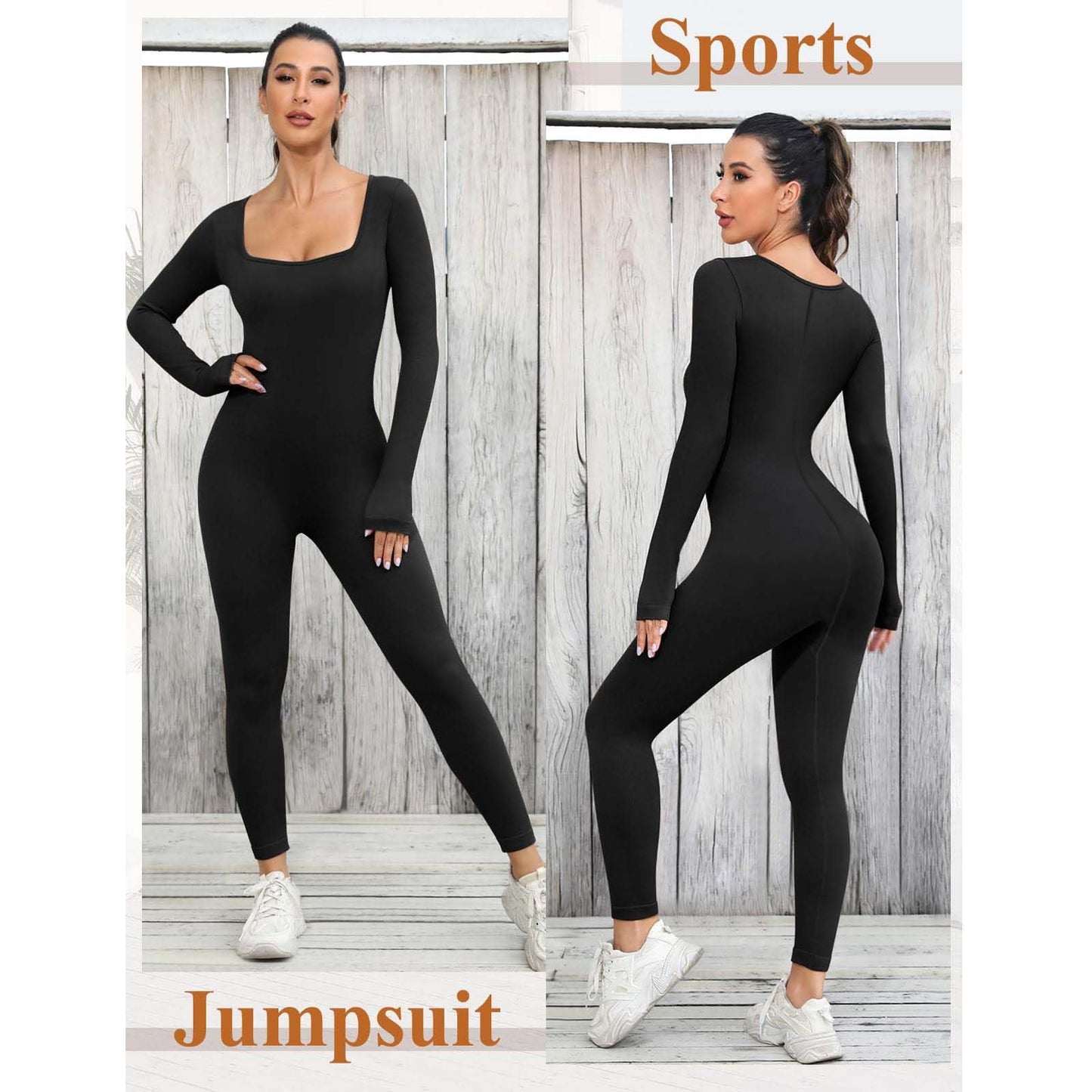 Hanaoops Vrouwen Yoga Jumpsuits Sexy Lange Mouw Vierkante Hals Stretchy Sportkleding Skinny Een Stuk Yoga Workout Dagelijks Dragen