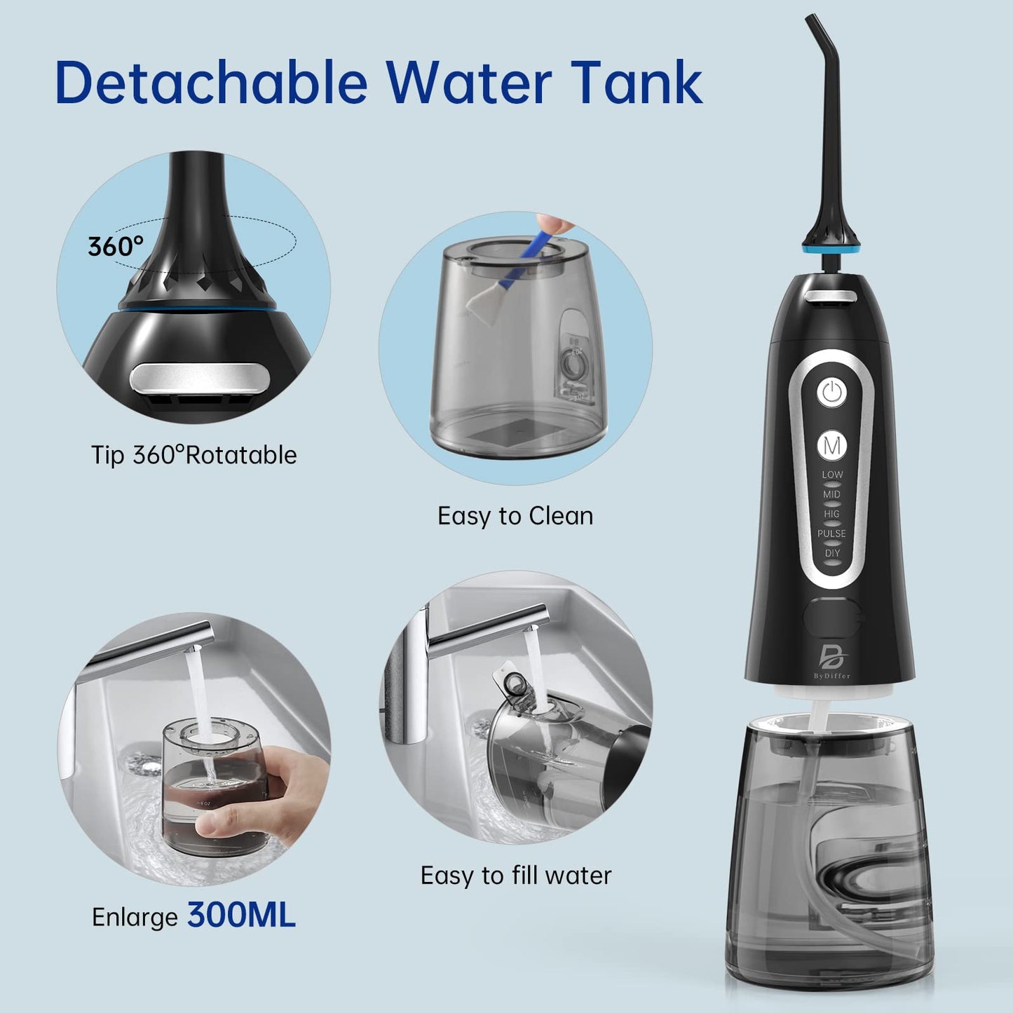 ByDiffer Water Flosser, 300ML watertank Monddouche Elektrisch met 5 modi, 5 sproeiers, professionele IPX7 waterdichte USB-oplader, monddouche-tandreiniger voor thuisreizen