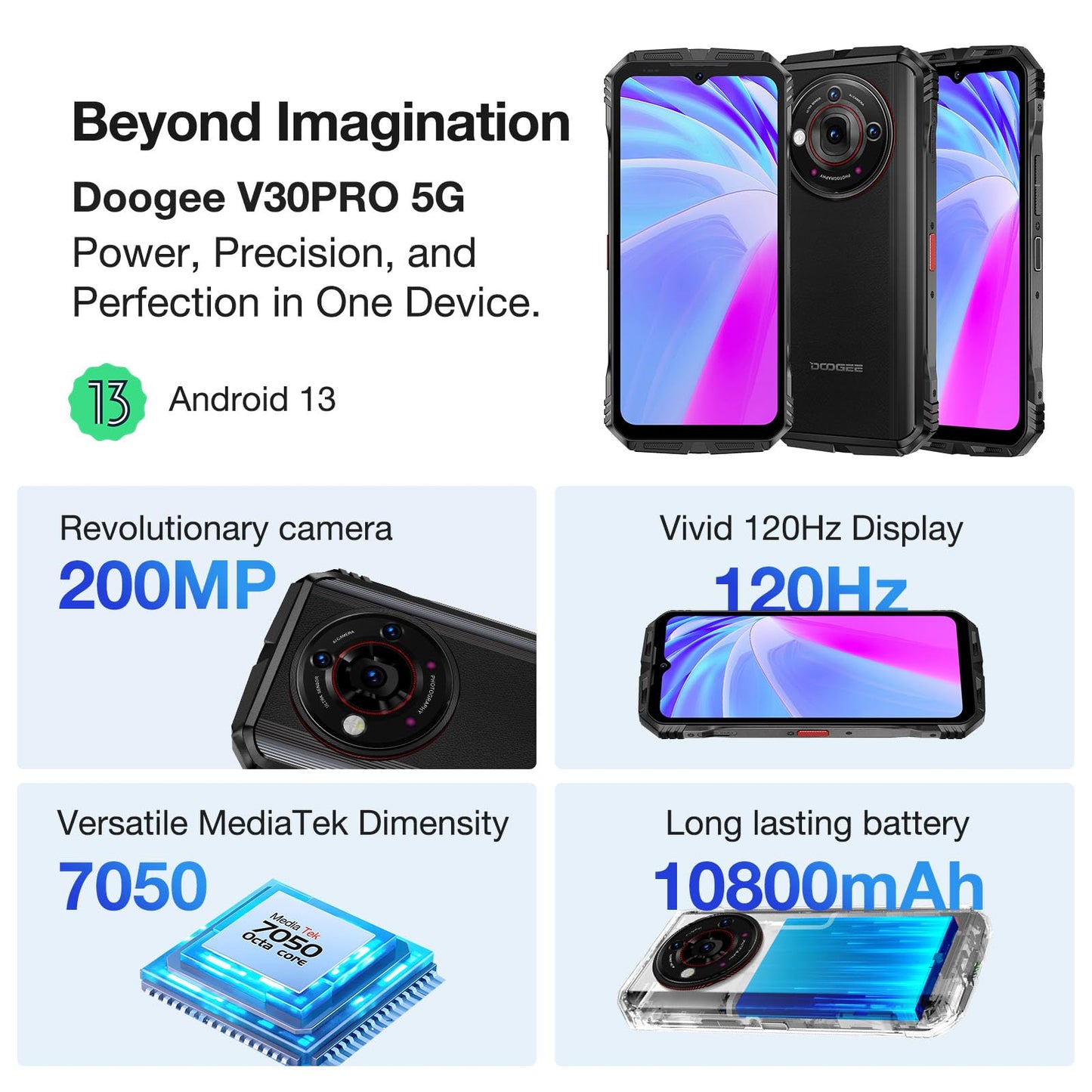 DOOGEE V30 Pro 5G Onbreekbare mobiele telefoon [2024], 32 GB + 512 GB, 6,58 inch FHD+120 Hz, 10800 mAh 33 W, 200 MP + 24 MP Android 13 Smartphone, onbreekbaar, IP69K/IP68/Dual SIM/NFC/WiFi6