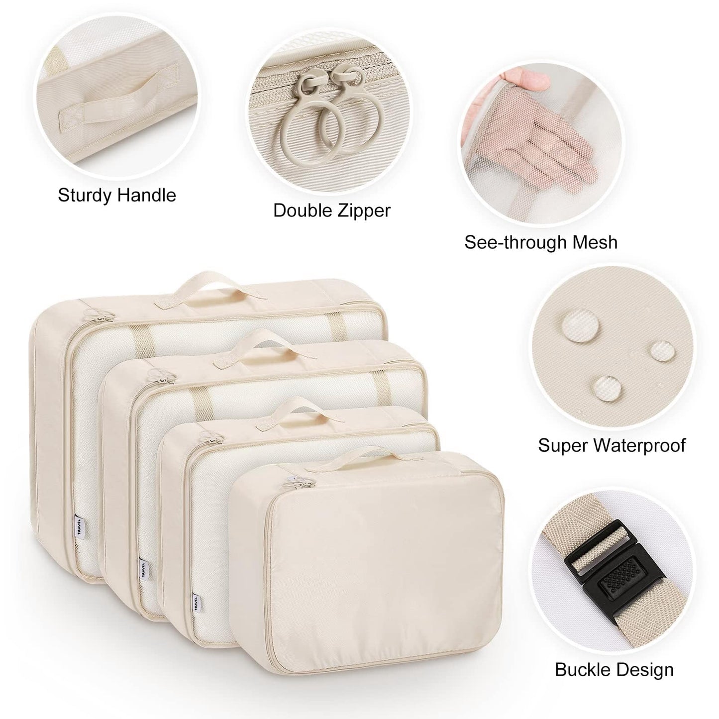 Packing Cubes, 8-delige set, kledingtassen, koffer-organizer voor vakantie en reizen, set pakkubussen, opbergsysteem voor koffer, beige