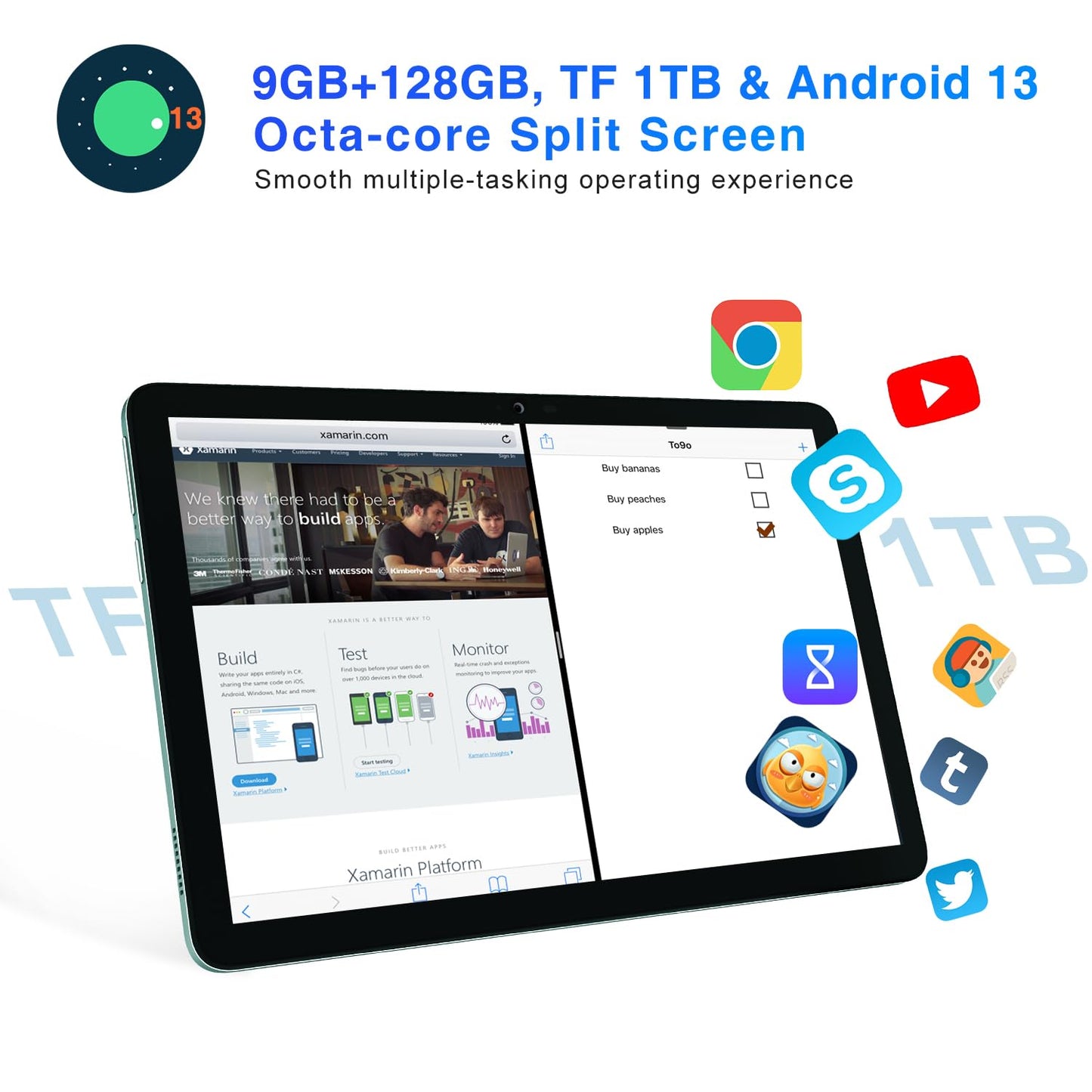 DOOGEE T10E Android 13 Tablet, 10.1 Inch Touch Tablet, 9GB + 128GB (1TB TF), 6580mAH 10 Inch Tablet, Octa-Core 4G Dual SIM Tablet, Widevine L1, 8MP/5MP, OTG/BT5.0/2.4G+5G WiFi/GPS-Groen