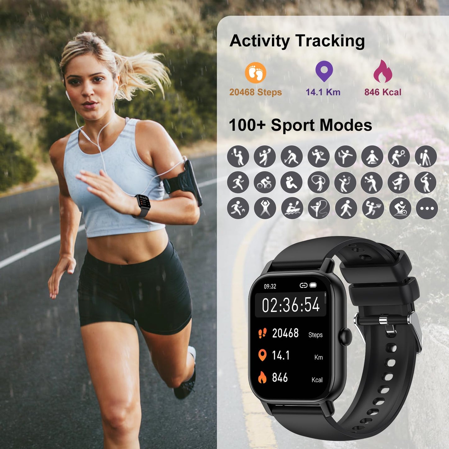 Smart Watch Beantwoorden/Bellen voeren, 1,8 inch smartwatches voor dames en heren, fitnesshorloge SpO2/Hartslag/Slaapmonitor, 112 sportmodi, calorieën/stappenteller, IP7 waterdichte fitnesstracker