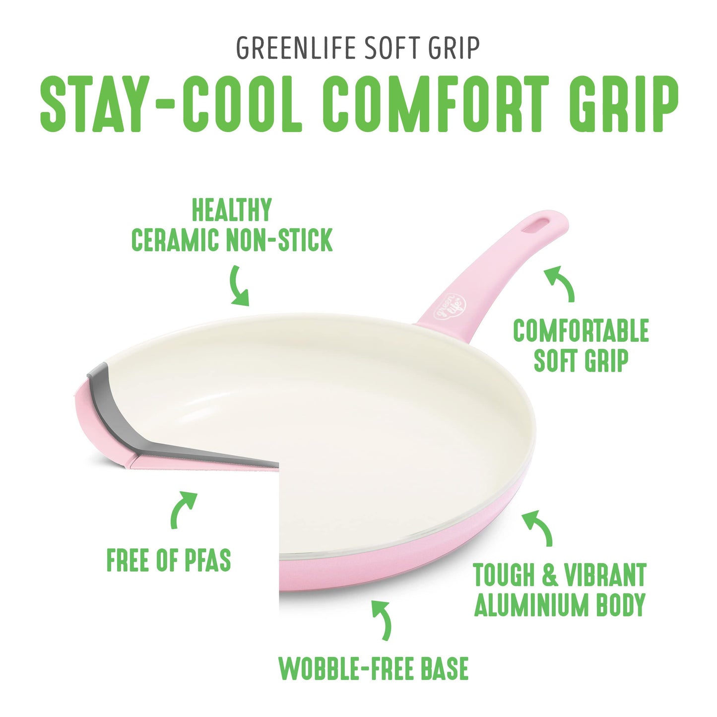 GreenLife Soft Grip Gezonde Keramische Antiaanbaklaag 16-delige Pannenset met Braadpan, Steelpan en Kookpan, PFAS-vrij, Vaatwasmachinebestendig, Ovenbestendig, Roze