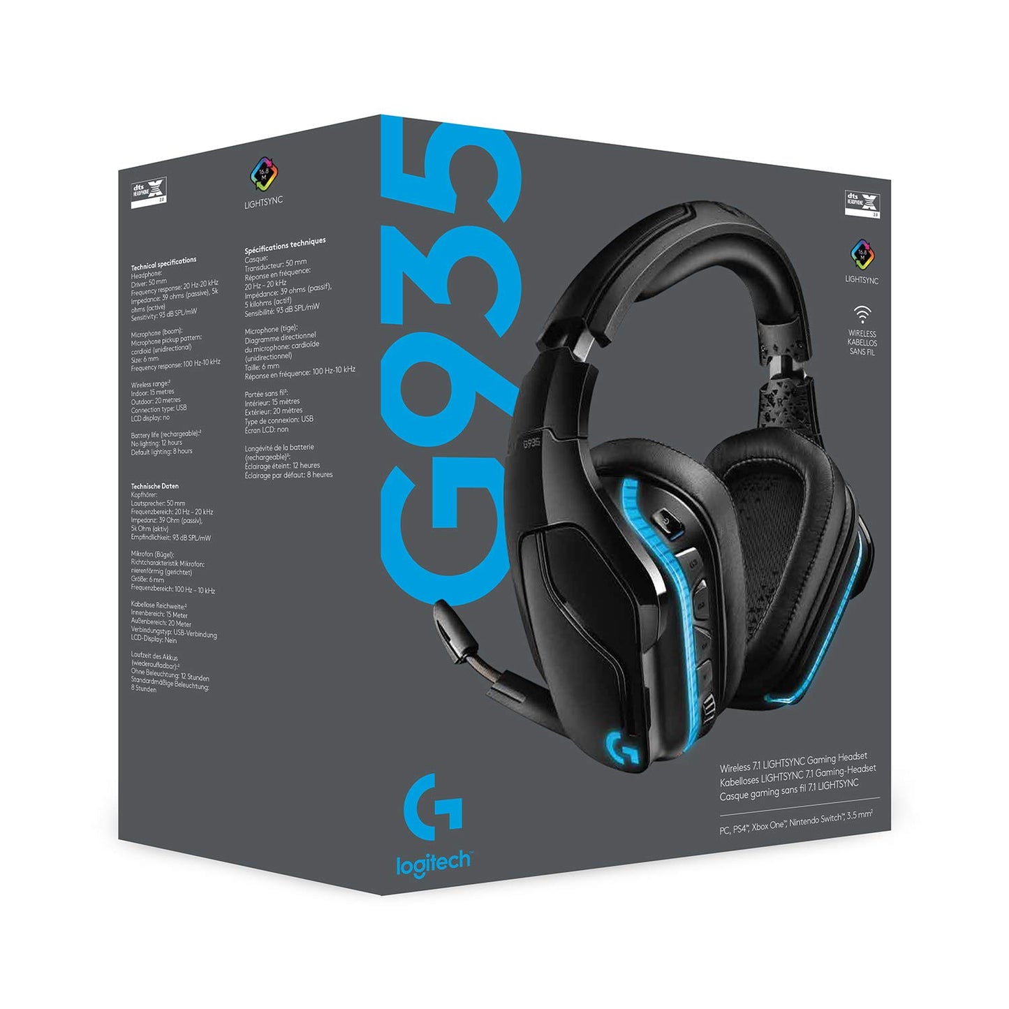 Logitech G935 draadloze RGB-gamingheadset, 7.1 surround sound, DTS X 2.0, 50 mm Pro-G-drivers, 2,4 GHz, rockermicrofoon, pc/Mac/PS4/Nintendo Switch, zwart