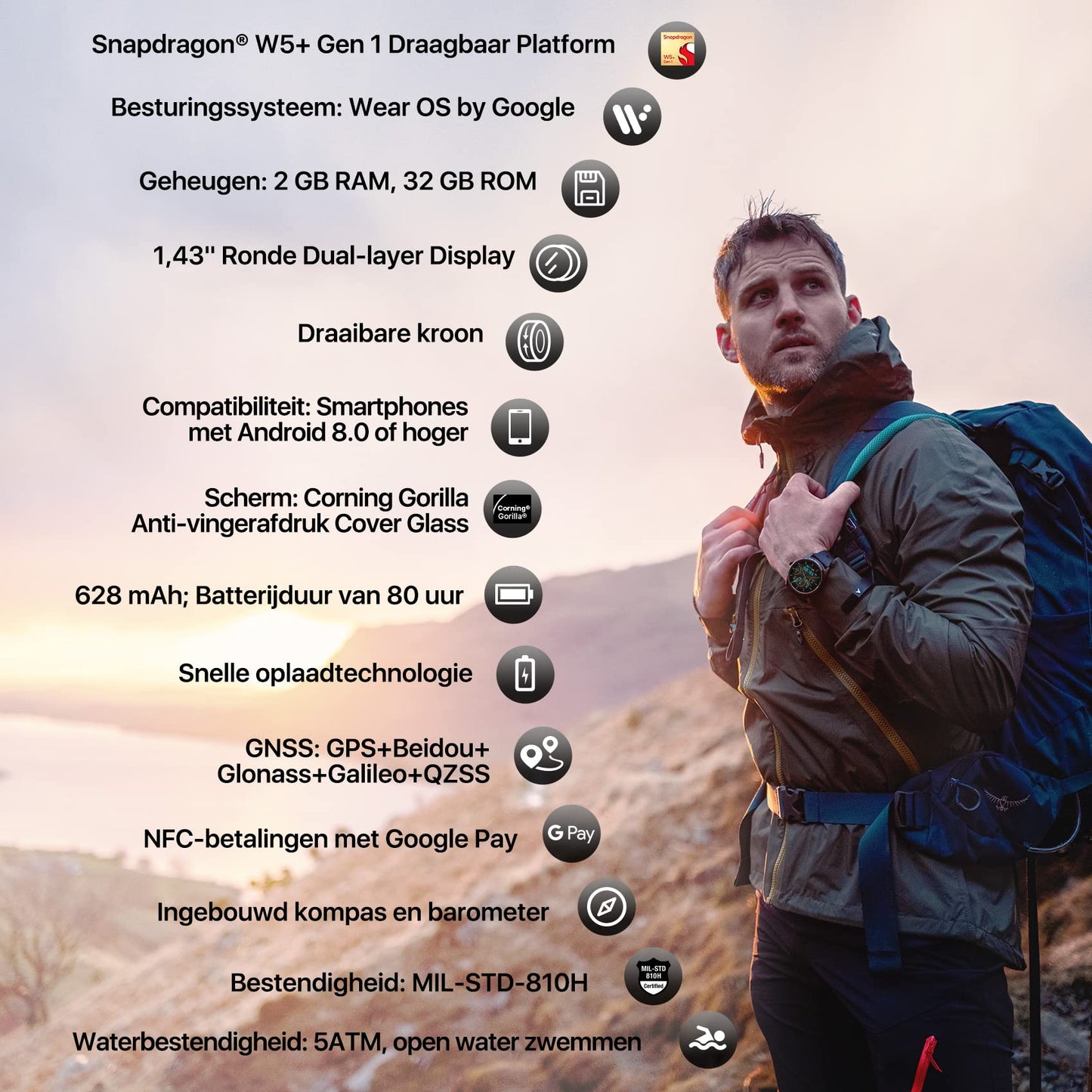 TicwatchPro 5 Android Smartwatch voor heren Snapdragon W5+ Gen 1 Platform Wear OS Smart Watch 80 uur batterijduur Gezondheid Fitness Tracking Ingebouwde GPS 5ATM Waterbestendigheid Kompas Eén maat