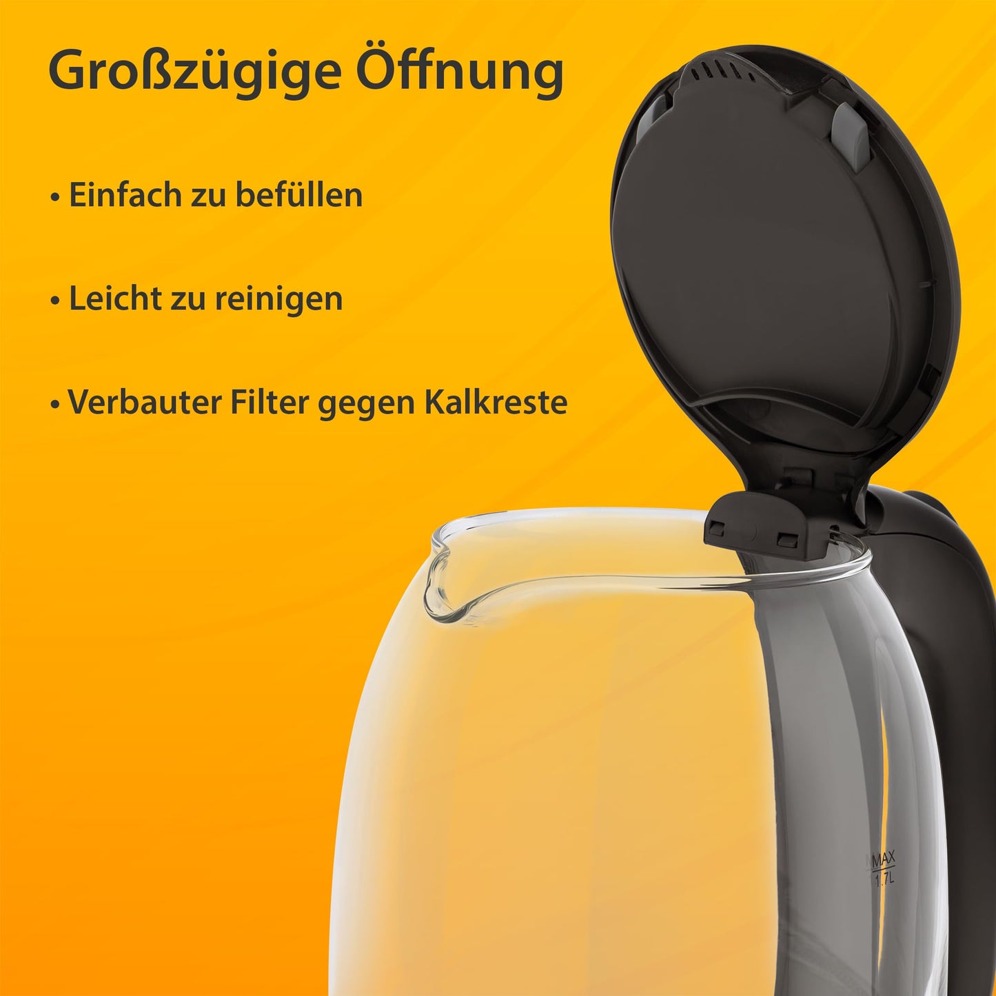 T24 Glazen led-waterkoker, 1,7 liter, met ledverlichting, waterkoker, zwart, ketel, warmwaterdispenser, elektrische ketting 2200 W, TÜV Rheinland GS-gecertificeerd