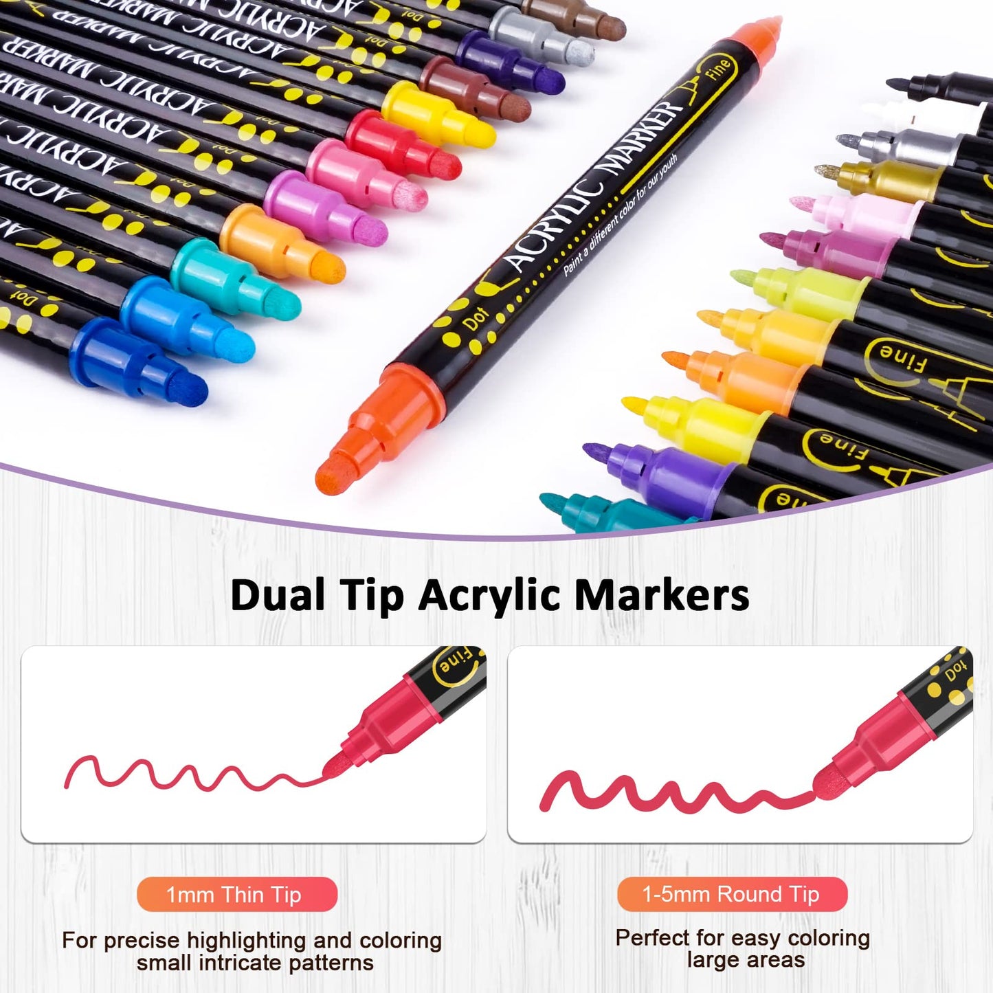 Betem 24 Kleuren Dual Tip Acryl Verf Pennen Markers, Premium Acryl Verf Pennen voor Hout, Canvas, Steen, Rock Painting, Glas, Keramische Oppervlakken, DIY Ambachten Maken Kunstbenodigdheden