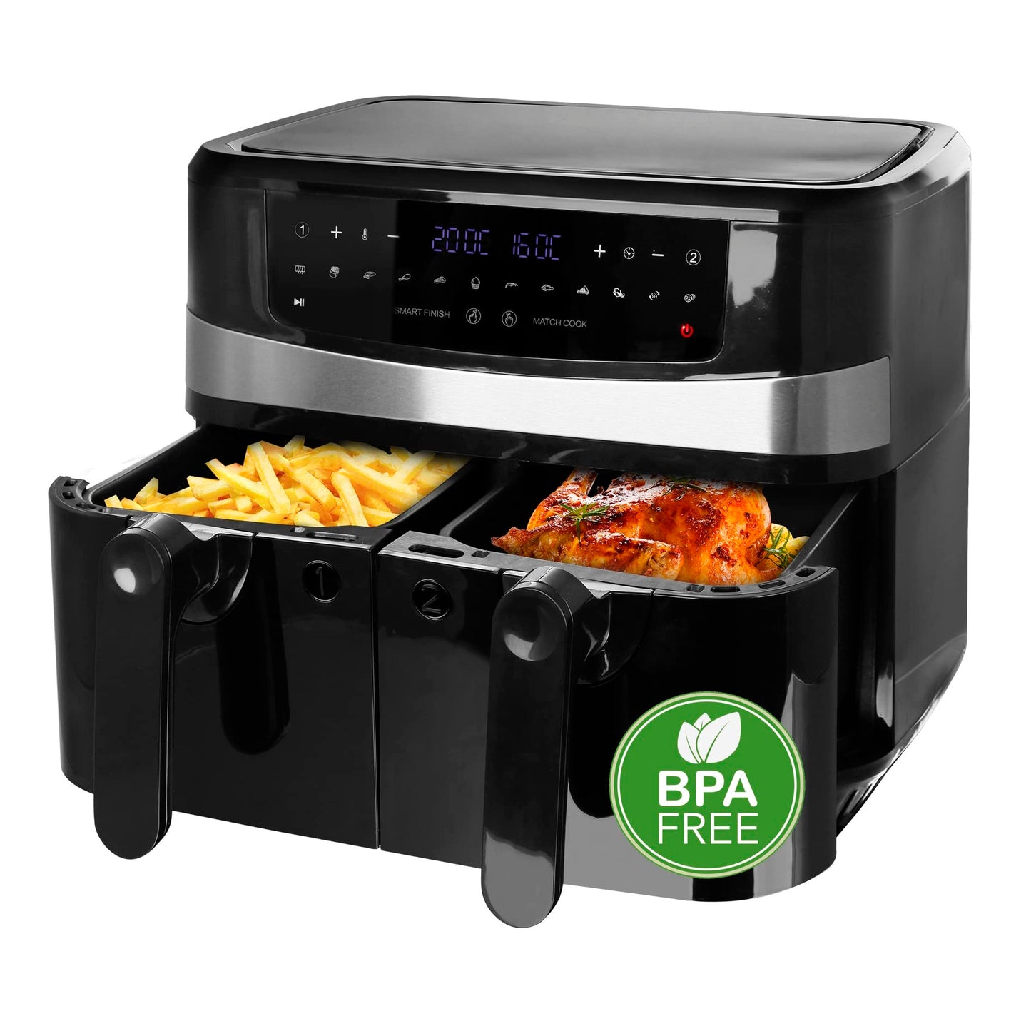 Emerio AF-126672 Digitale dubbele heteluchtfriteuse AirFryer frituren met hete lucht zonder extra olie 2 x 4,5 l volume 12 programma's BPA vrij Smart Finish functie (beide tegelijkertijd klaar),zwart