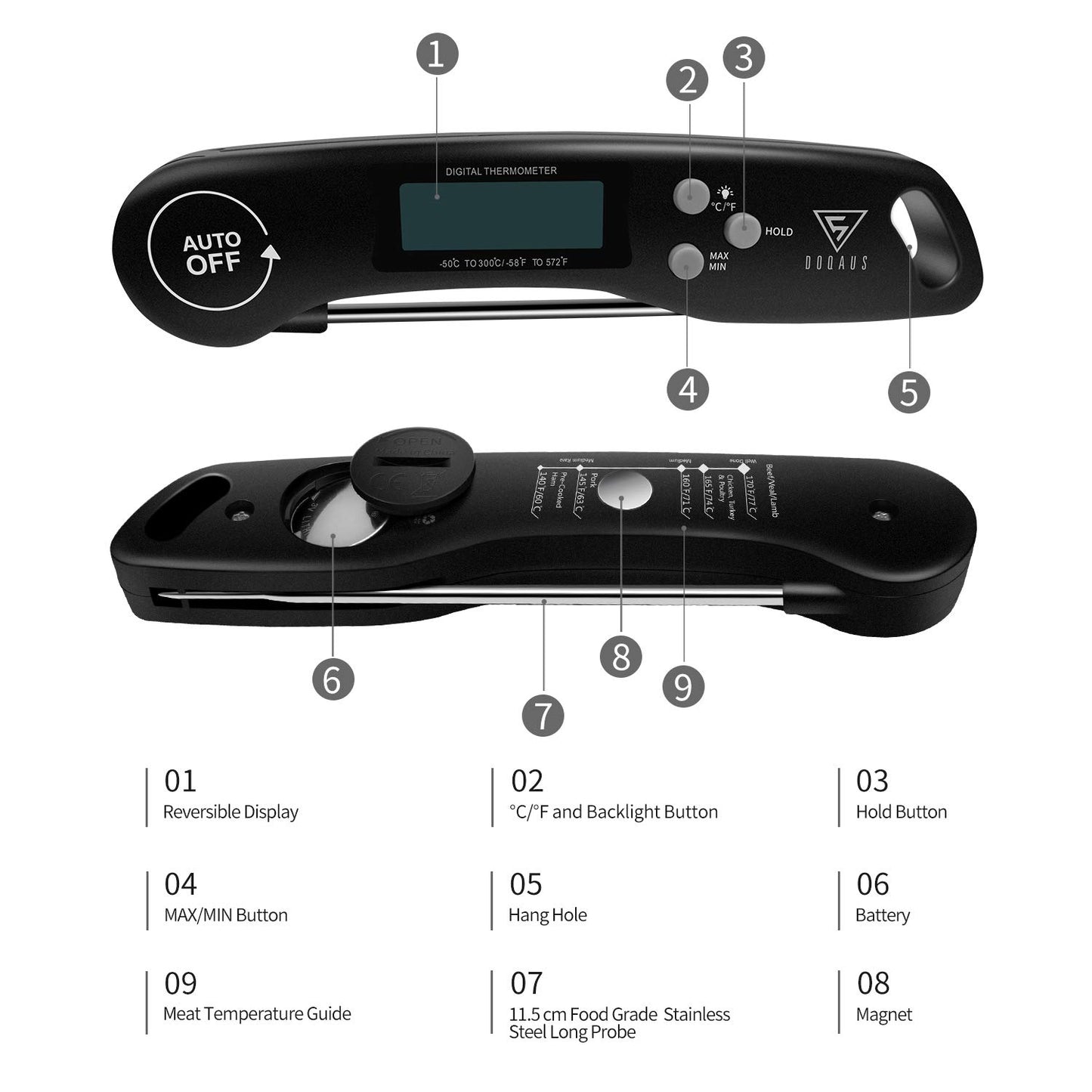 Vleesthermometer, DOQAUS Keukenthermometer Barbecuethermometer, Digitale Instant-thermometer met 3s Directe Uitlezing, Opvouwbare Lange Sonde en LCD-scherm, voor Keuken, Grill, BBQ