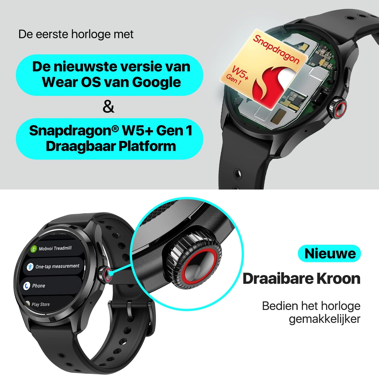 TicwatchPro 5 Android Smartwatch voor heren Snapdragon W5+ Gen 1 Platform Wear OS Smart Watch 80 uur batterijduur Gezondheid Fitness Tracking Ingebouwde GPS 5ATM Waterbestendigheid Kompas Eén maat